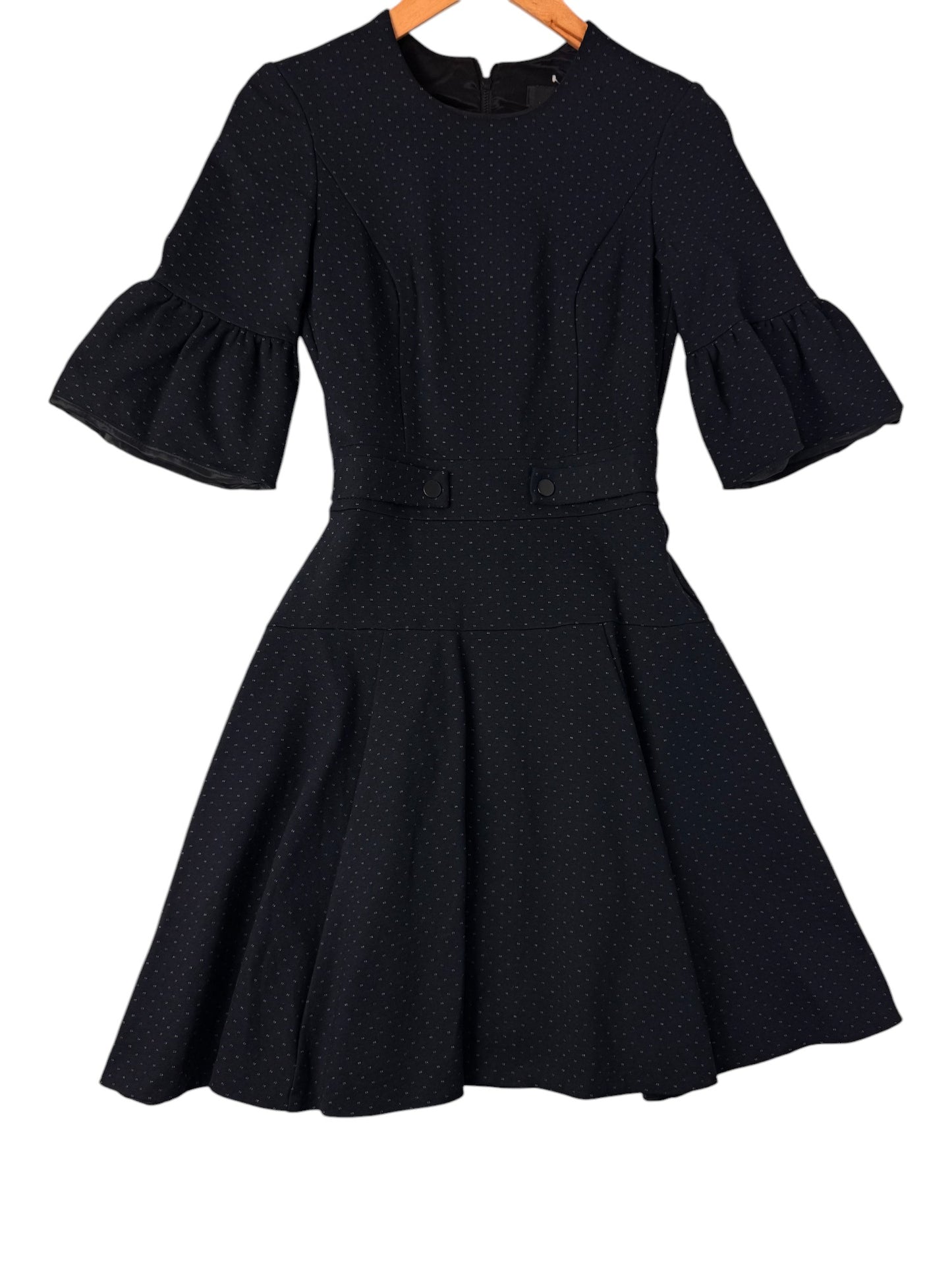 CUE Dark Navy A-Line Office Dress with Tiny White Polka Dots