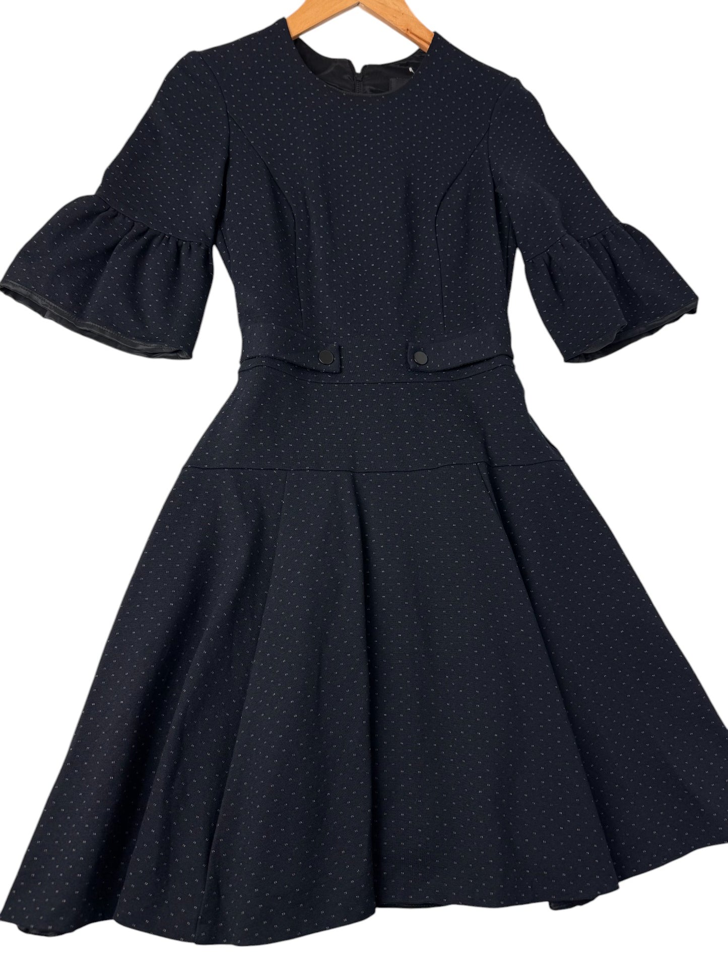 CUE Dark Navy A-Line Office Dress with Tiny White Polka Dots
