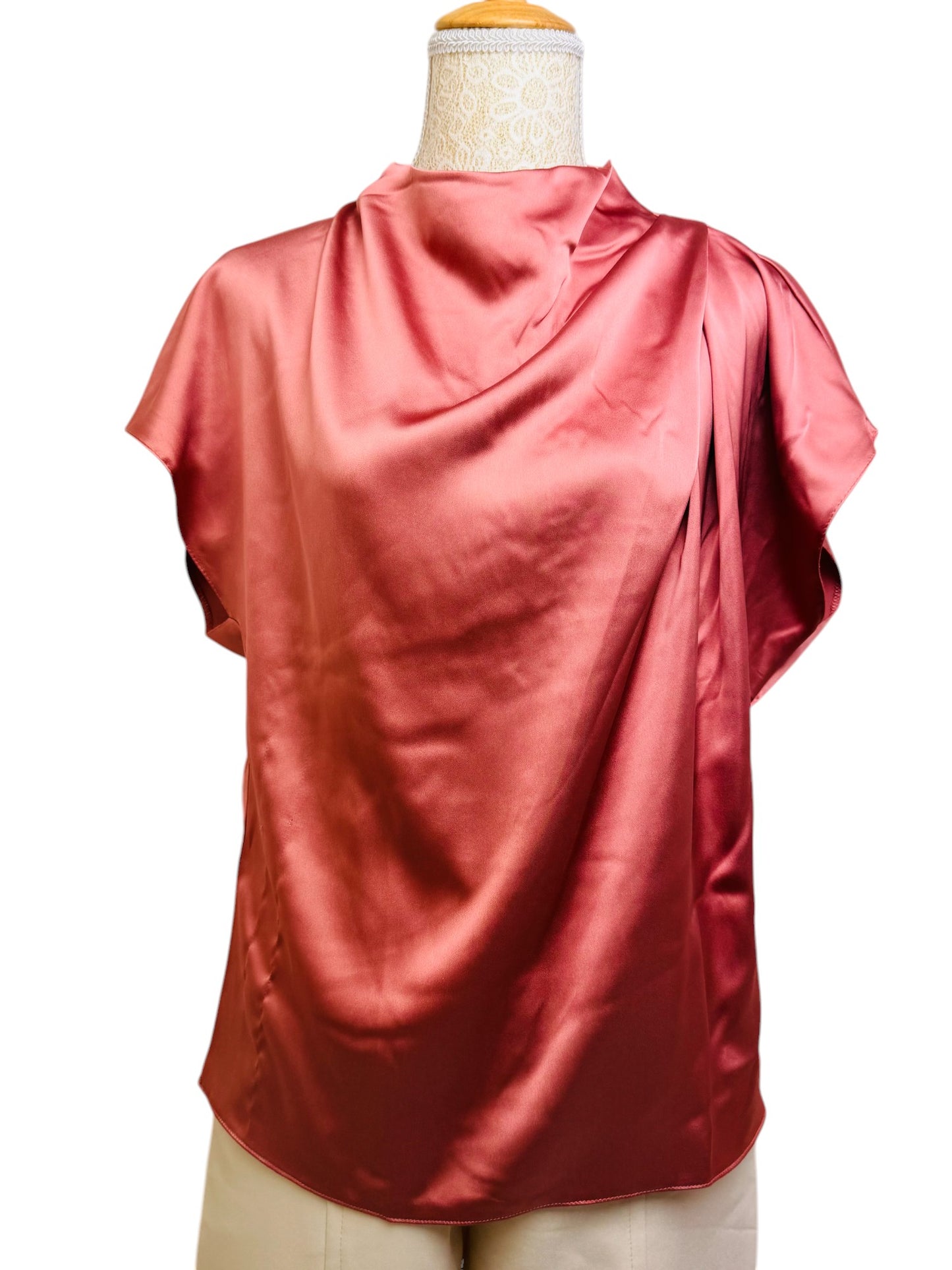 Pink Satin Cowl Front High Neck Top – Elegant & Chic
