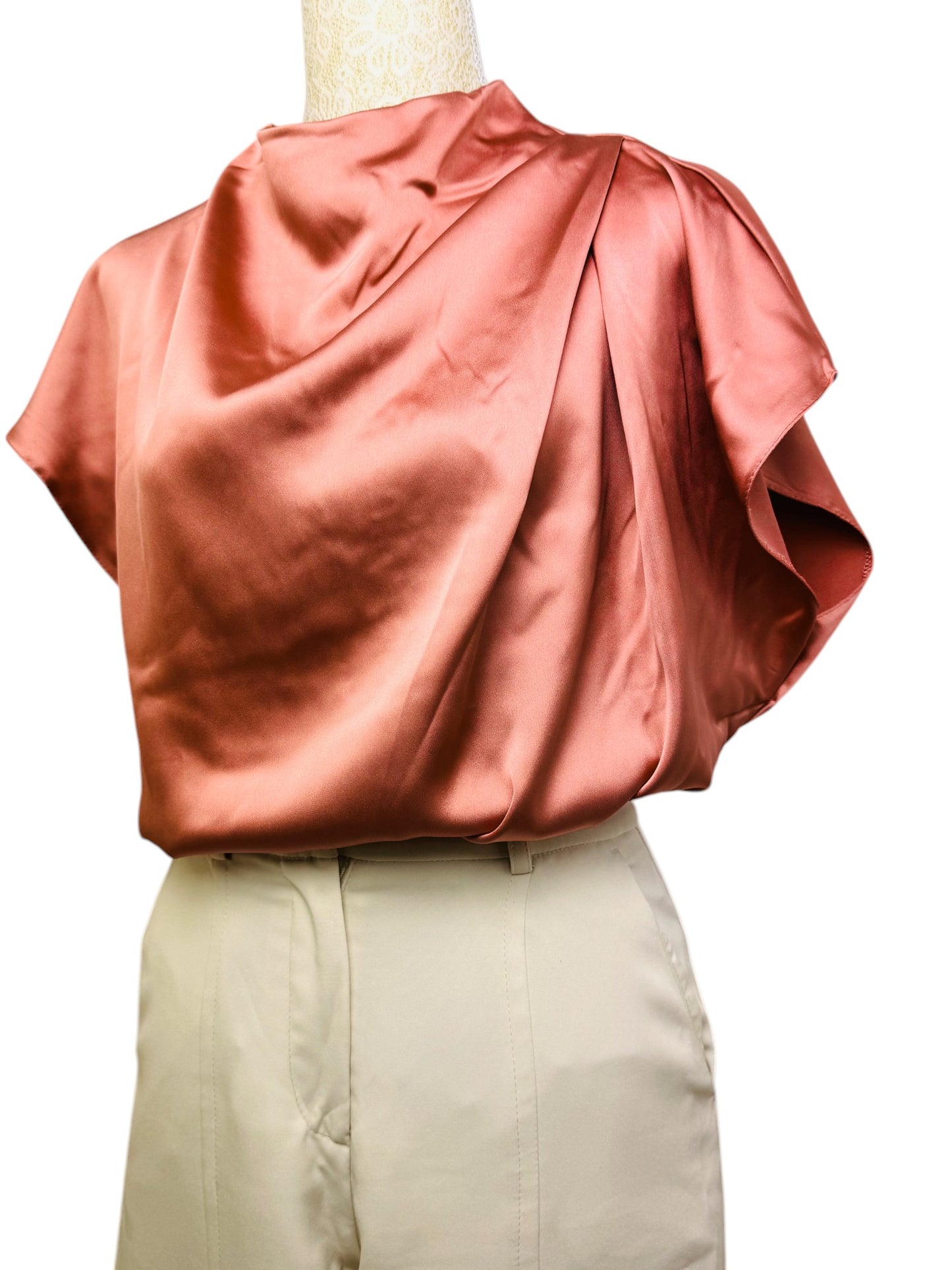 Pink Satin Cowl Front High Neck Top – Elegant & Chic