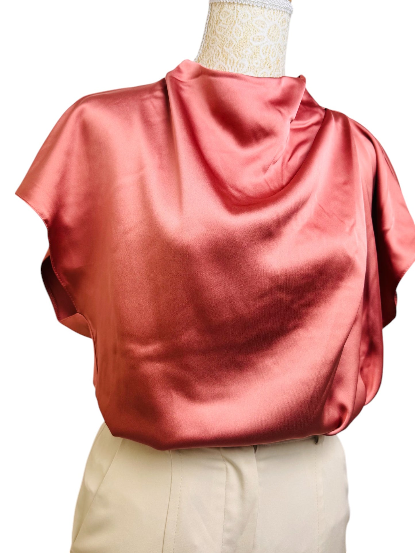 Pink Satin Cowl Front High Neck Top – Elegant & Chic
