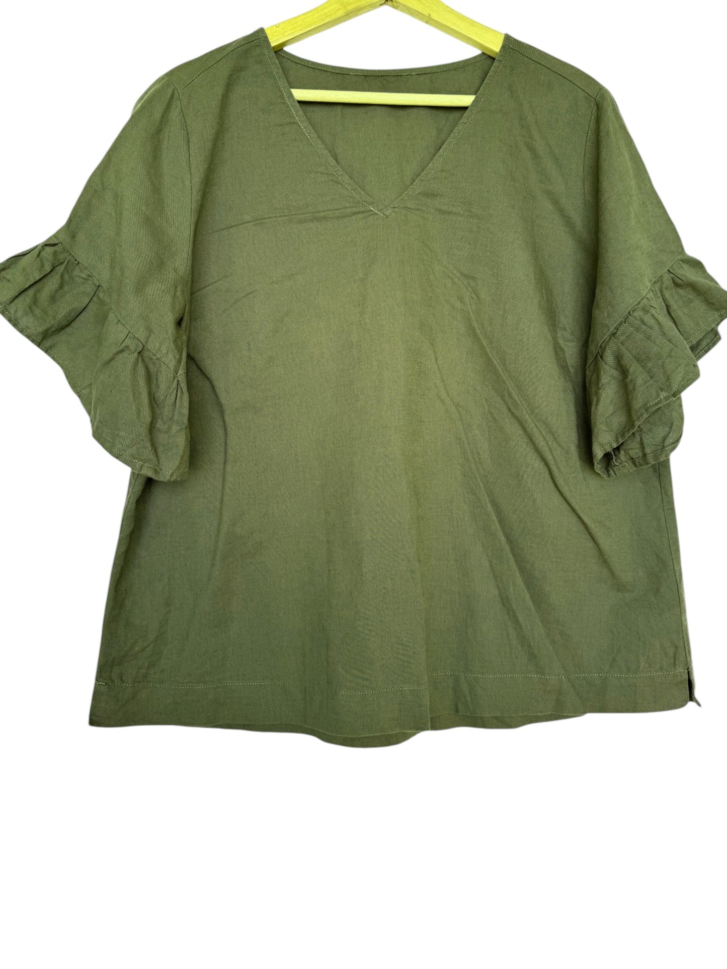 Dark Moss Green Boxy V-Neck Linen Top