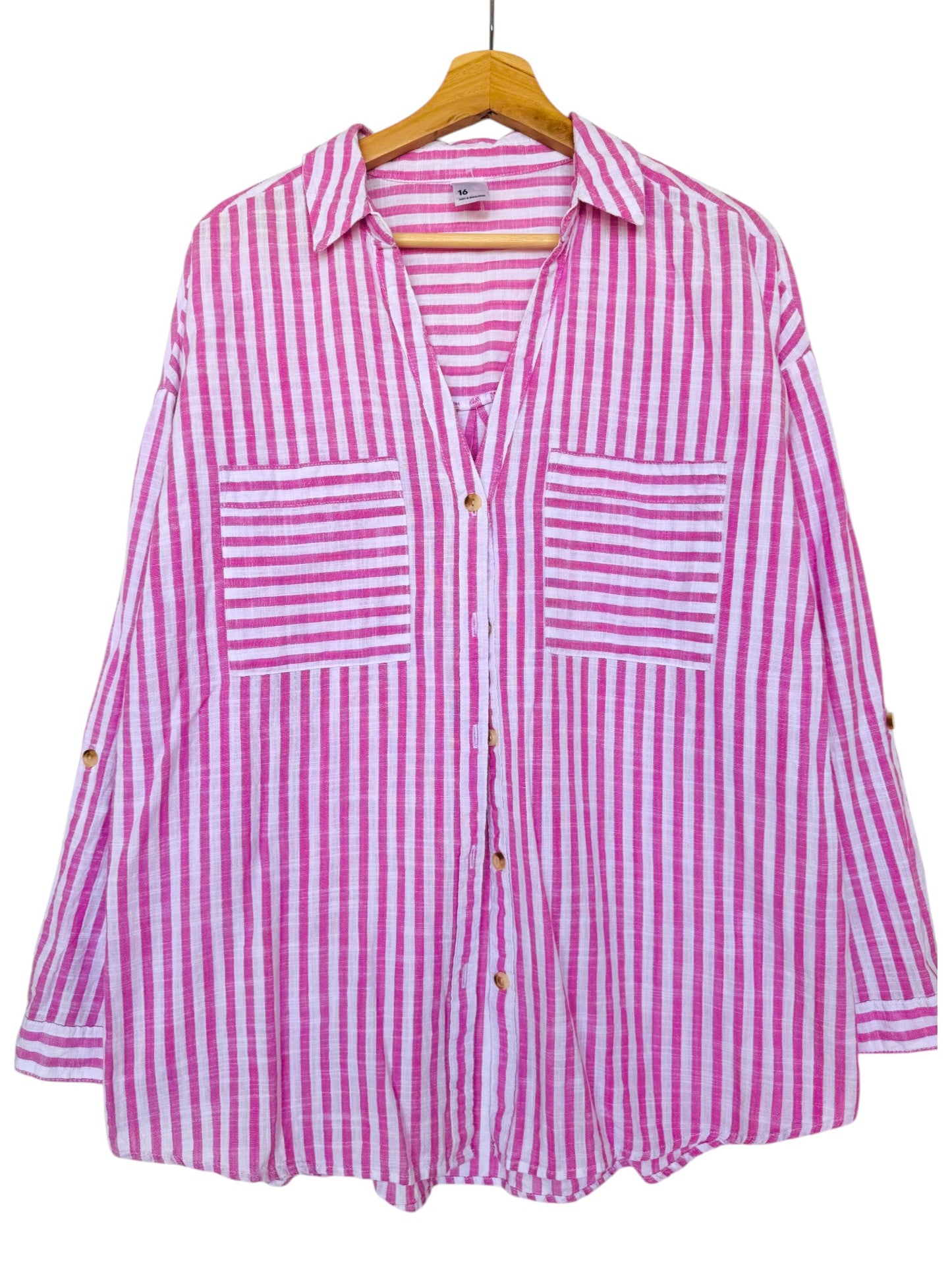 Pink & White Striped Button-Down Shirt – Effortless & Versatile