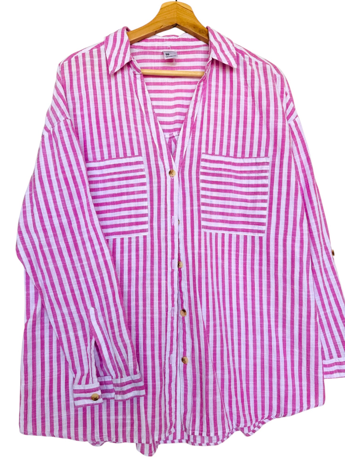 Pink & White Striped Button-Down Shirt – Effortless & Versatile