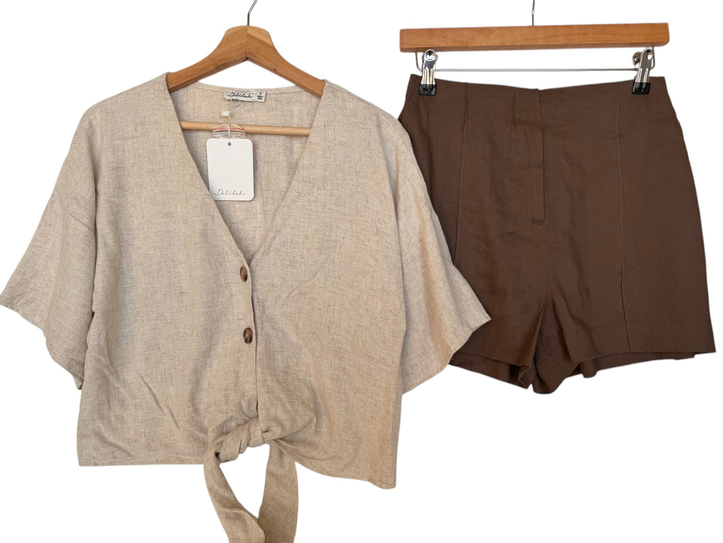 Delilah Button-Down Knot Oat Linen Top