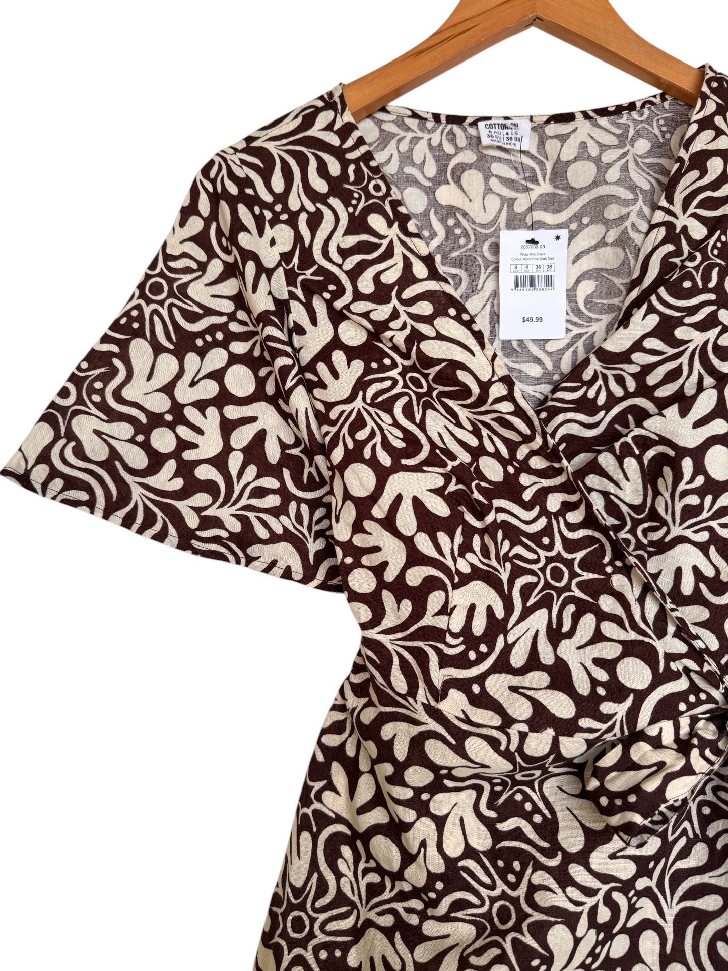 Dark Brown Floral Cotton Linen Wrap-Around Dress – Chic & Breathable