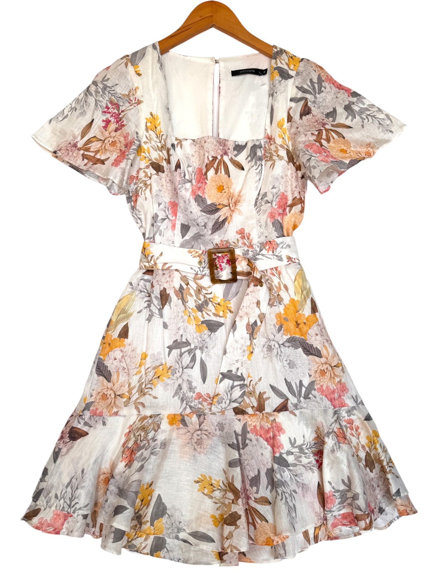 Portmans Luxe Linen Floral Flounce Dress – with Belt