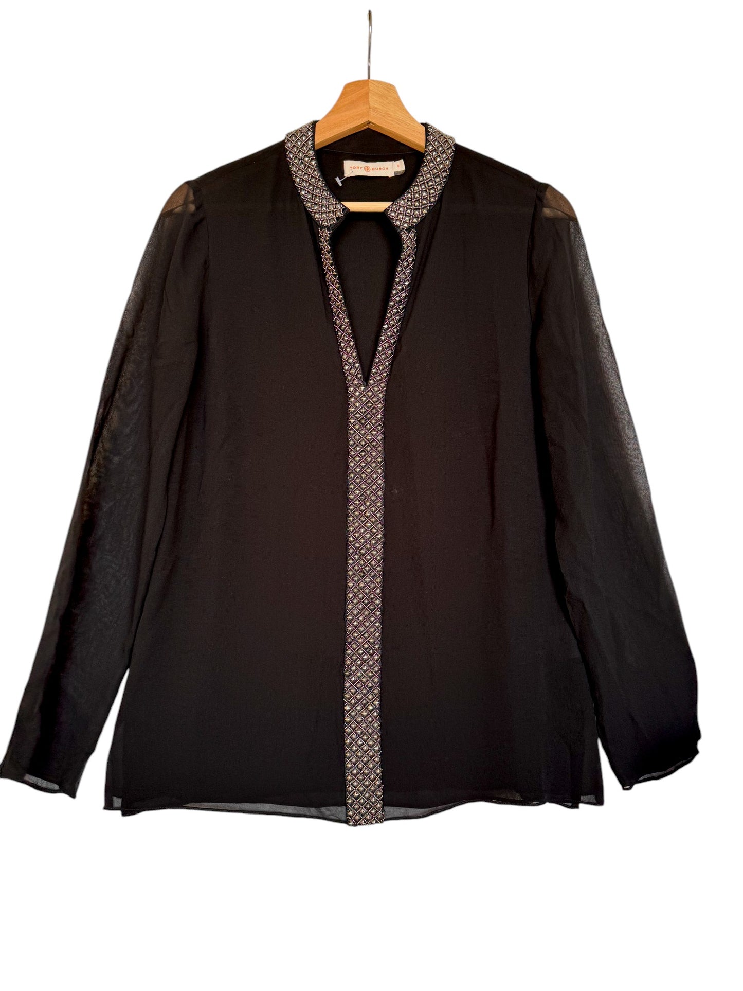 T0ry Burch Black 100% Silk Blouse – Elegant Beaded V-Neck