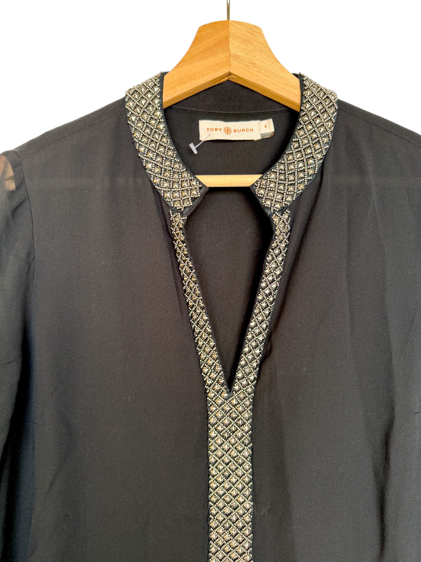 T0ry Burch Black 100% Silk Blouse – Elegant Beaded V-Neck