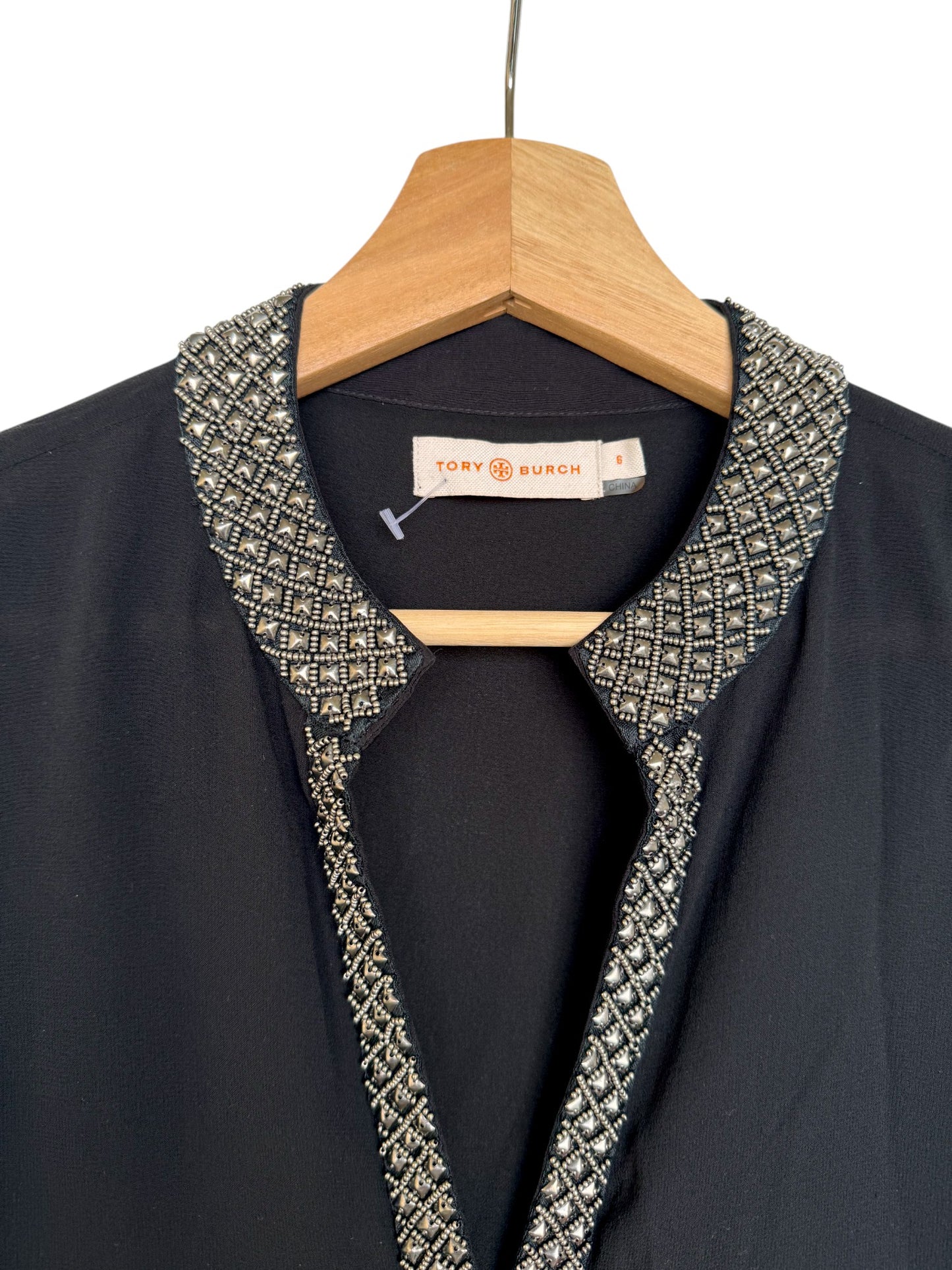 T0ry Burch Black 100% Silk Blouse – Elegant Beaded V-Neck