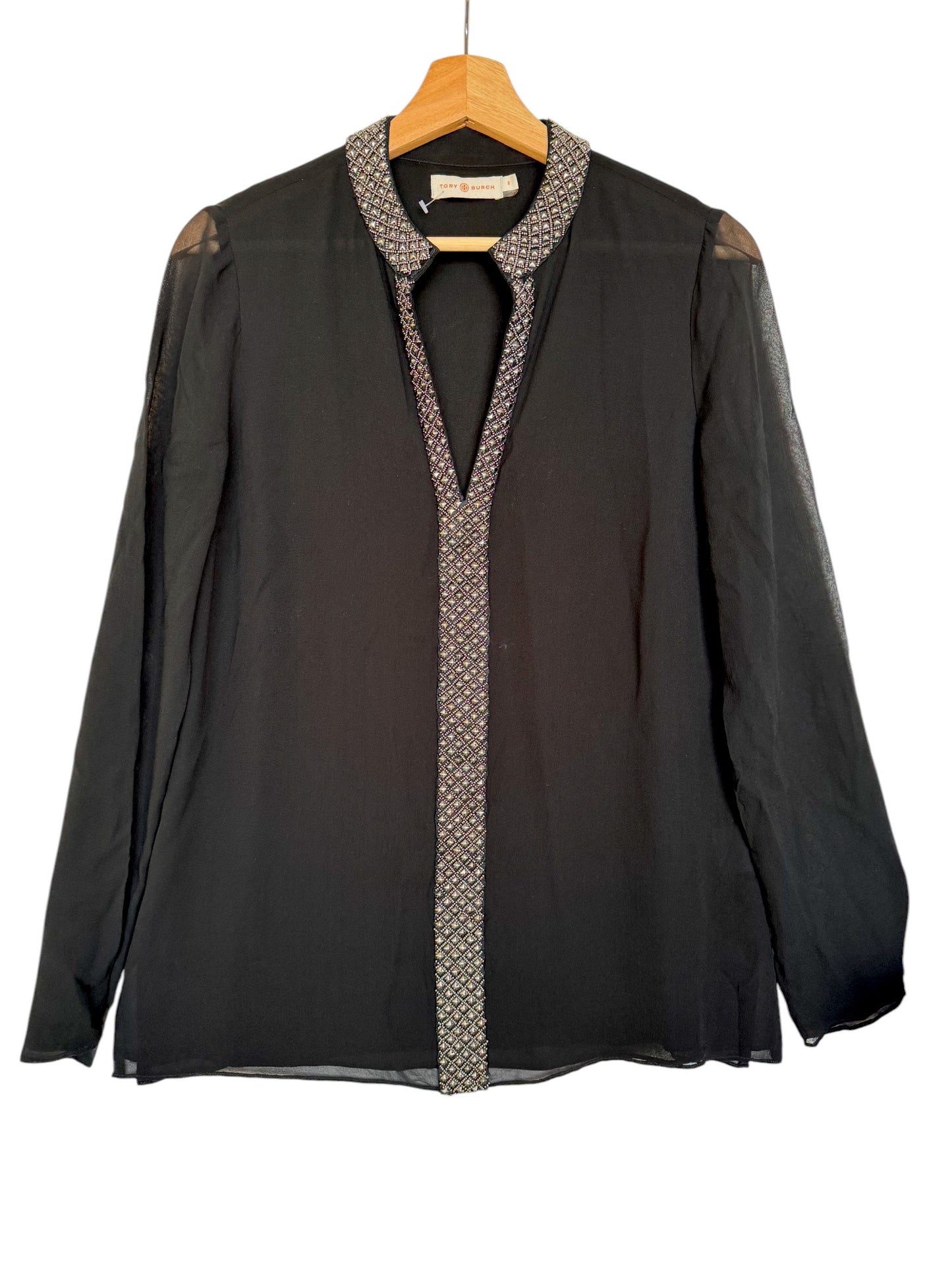 T0ry Burch Black 100% Silk Blouse – Elegant Beaded V-Neck
