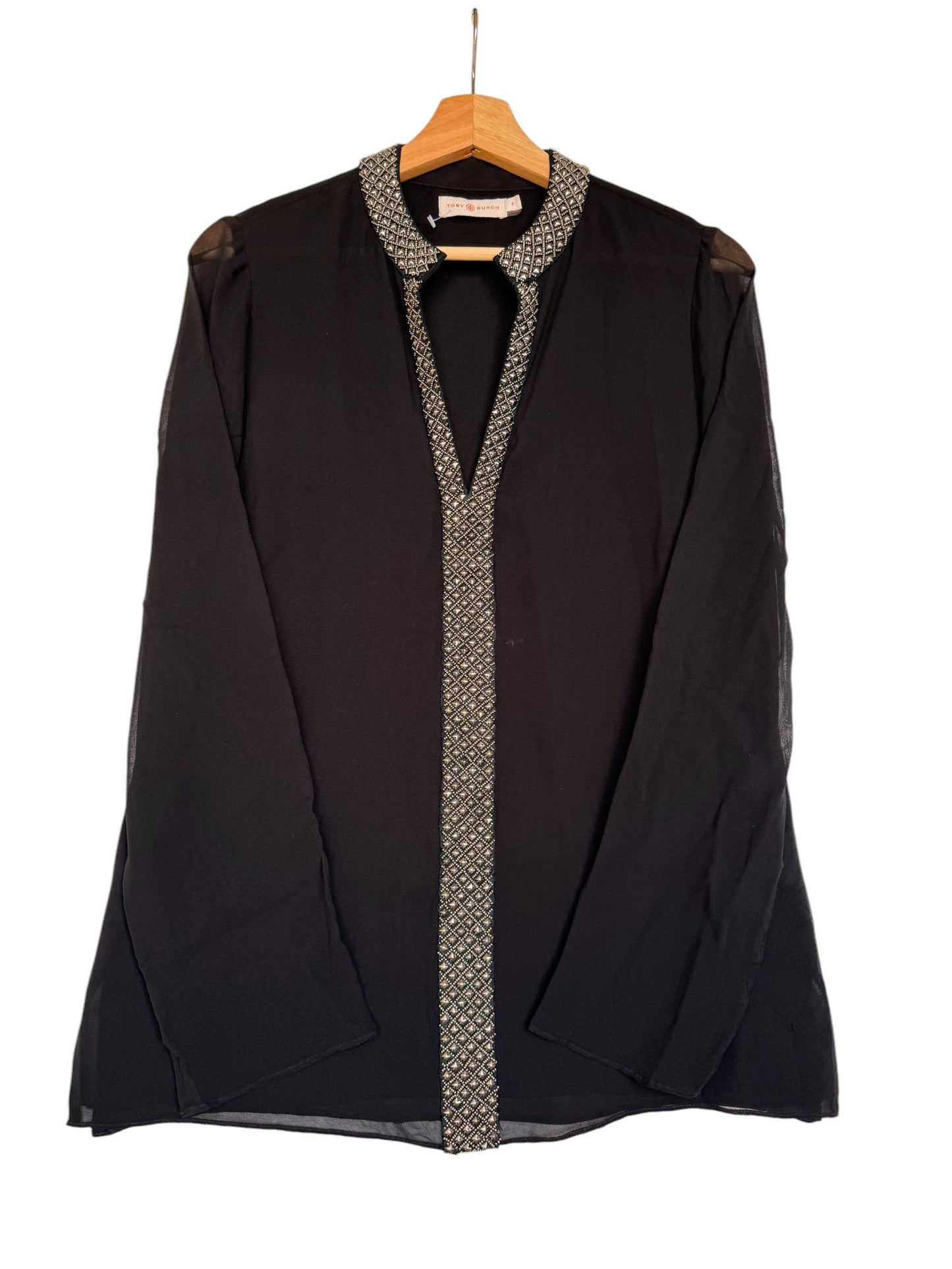 T0ry Burch Black 100% Silk Blouse – Elegant Beaded V-Neck