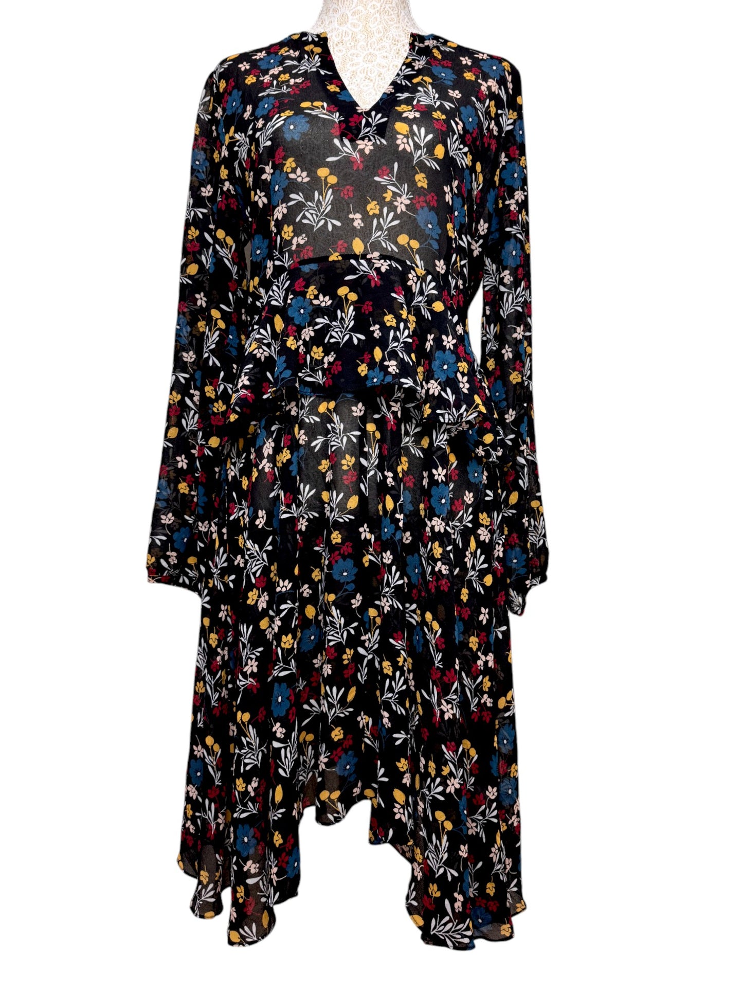 Hi There, Karen Walker Black Floral Long-Sleeve Dress – Handkerchief Hem