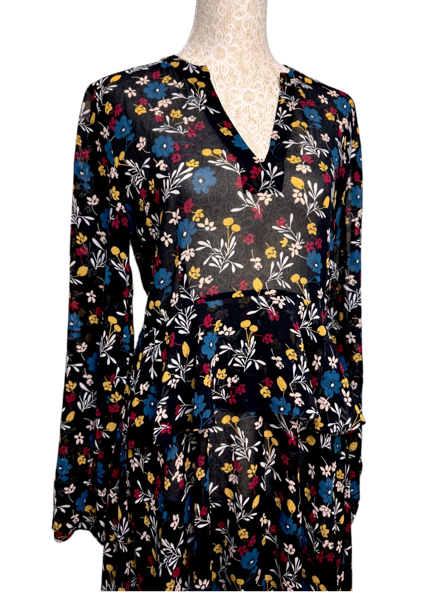 Hi There, Karen Walker Black Floral Long-Sleeve Dress – Handkerchief Hem