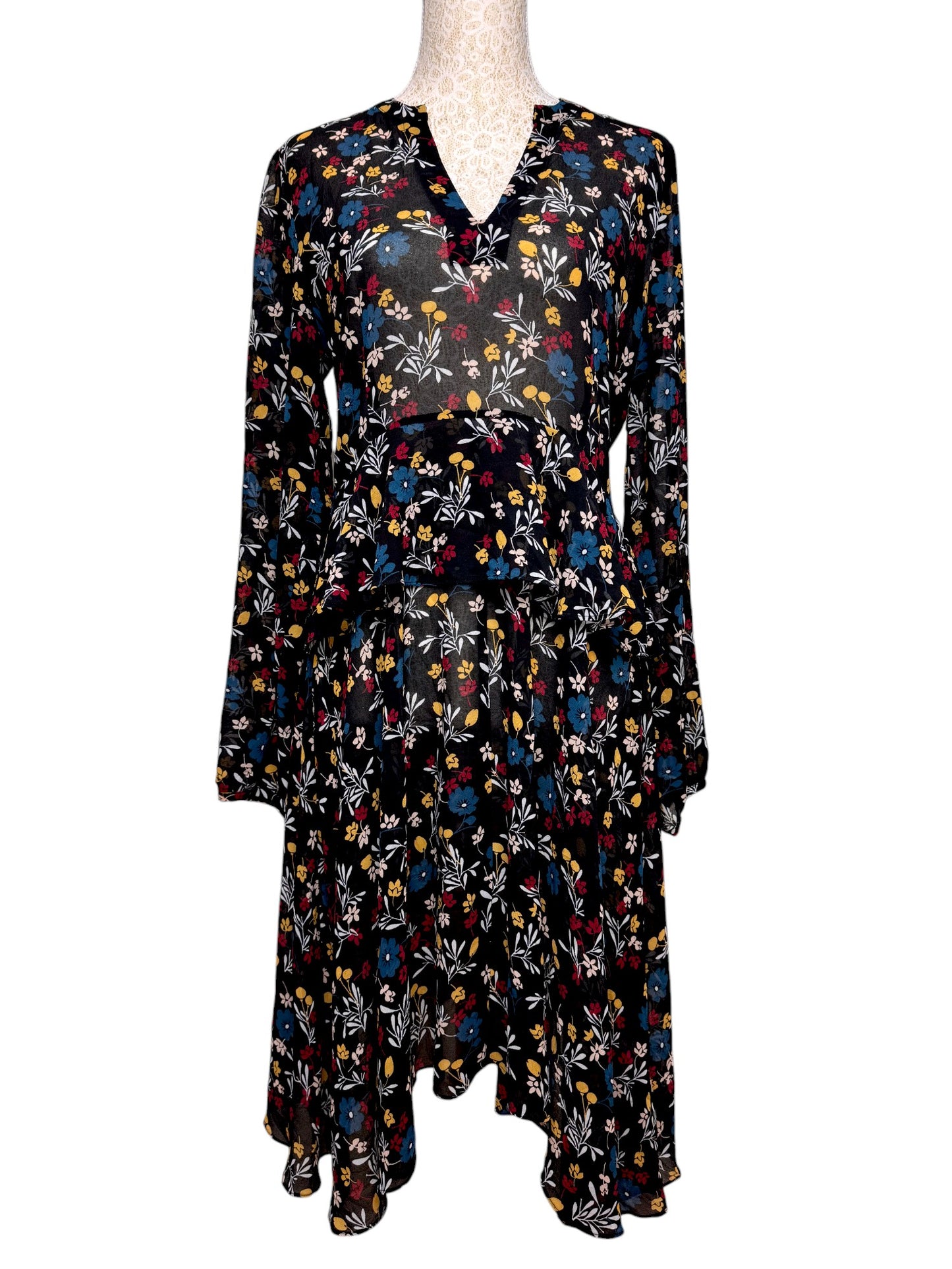 Hi There, Karen Walker Black Floral Long-Sleeve Dress – Handkerchief Hem