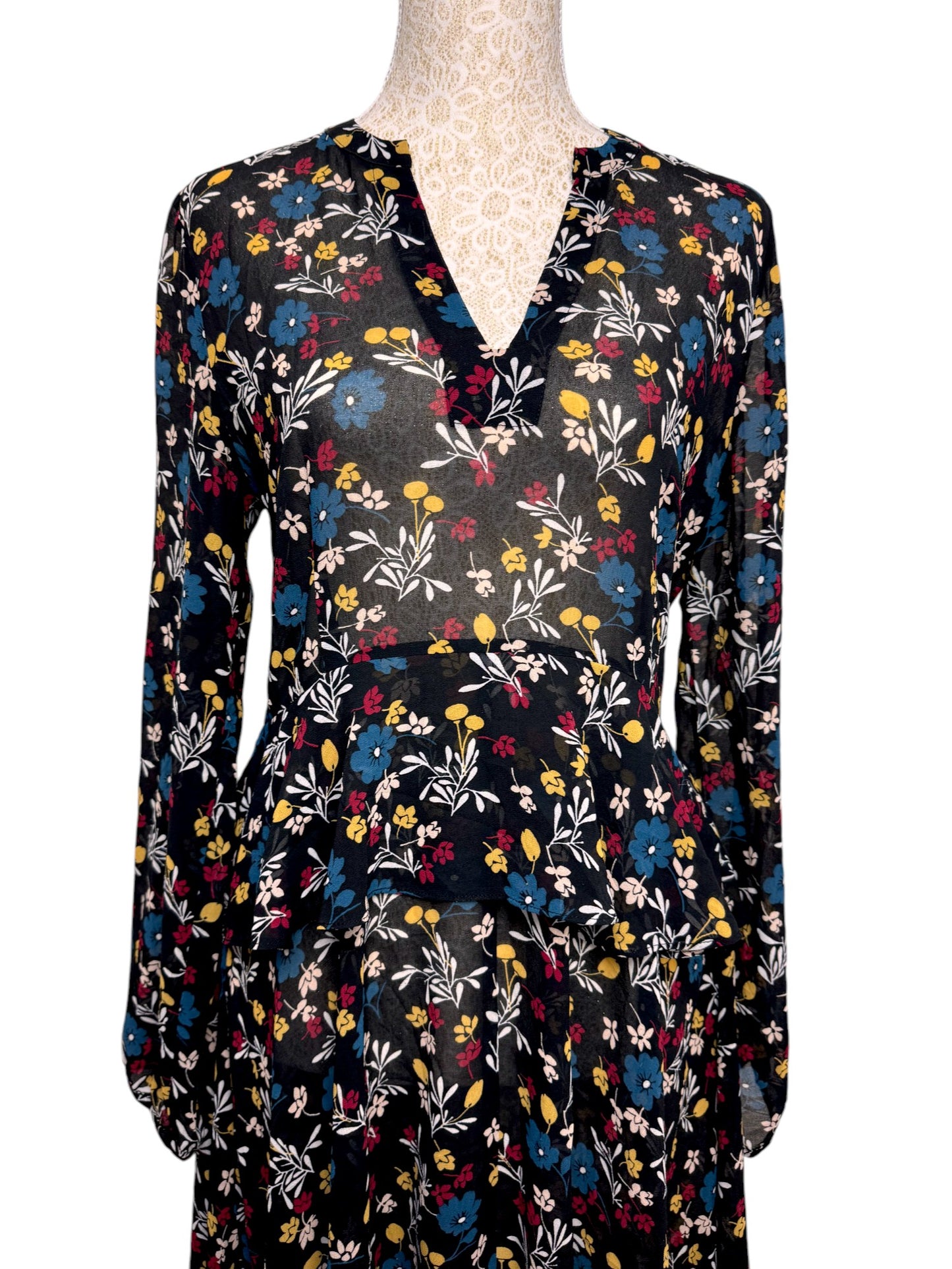 Hi There, Karen Walker Black Floral Long-Sleeve Dress – Handkerchief Hem