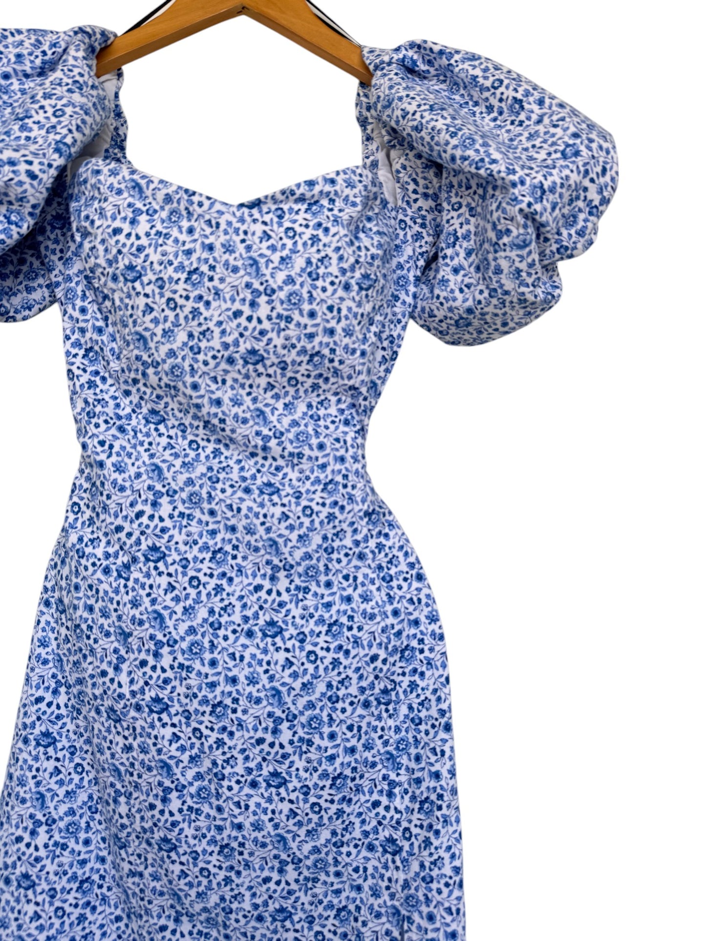 Blue & White Micro Floral Midi Dress, Puffed Sleeves | H&M