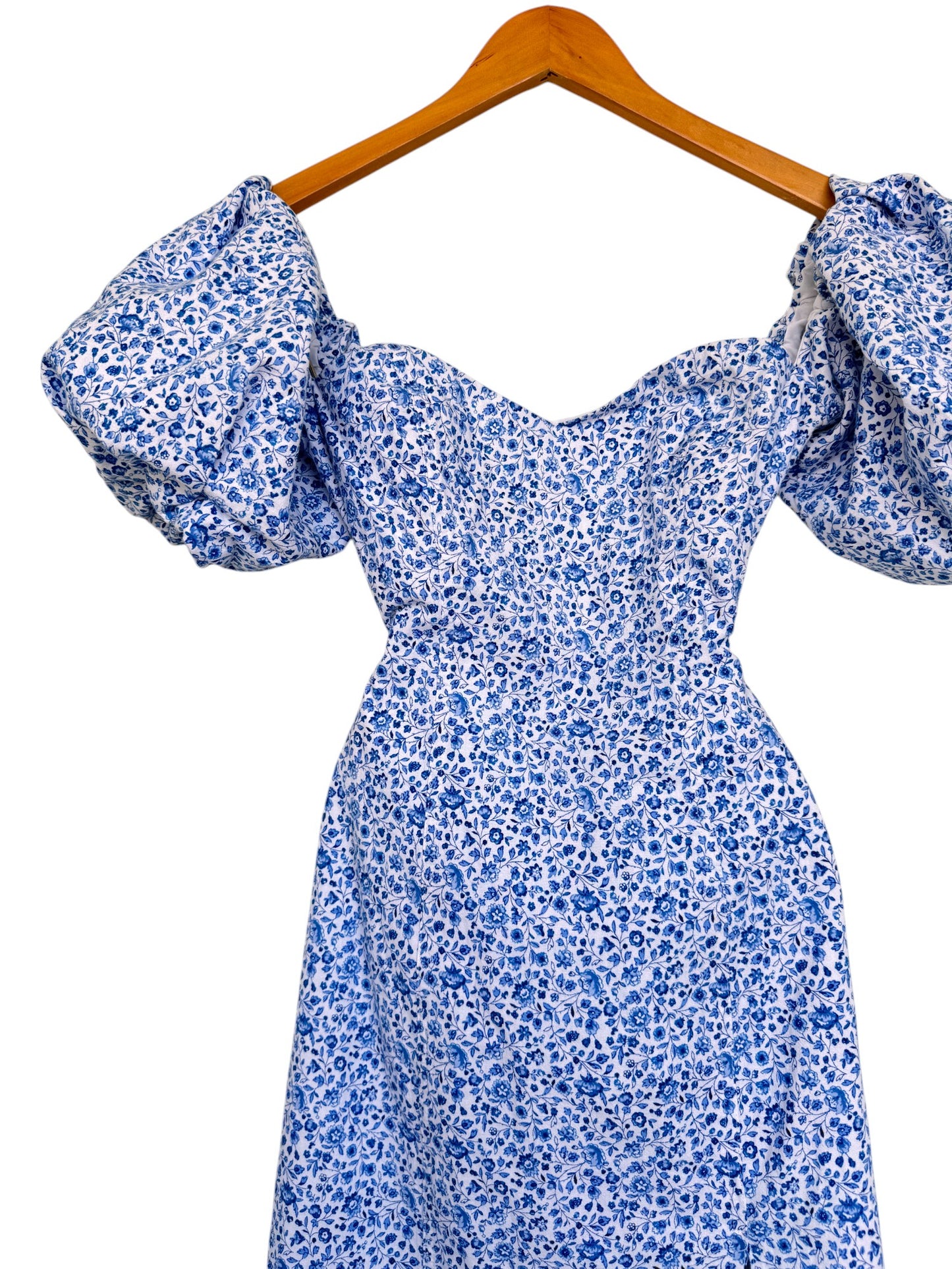 Blue & White Micro Floral Midi Dress, Puffed Sleeves | H&M