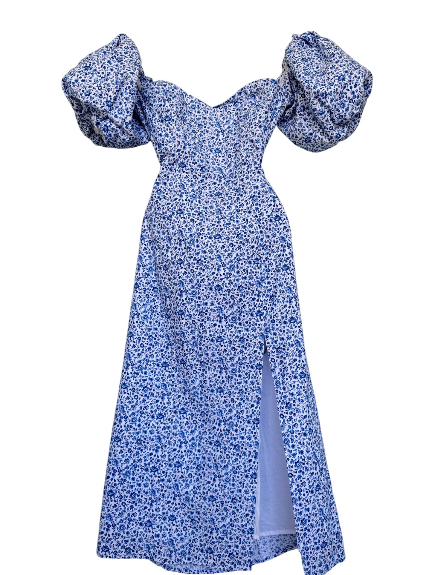Blue & White Micro Floral Midi Dress, Puffed Sleeves | H&M