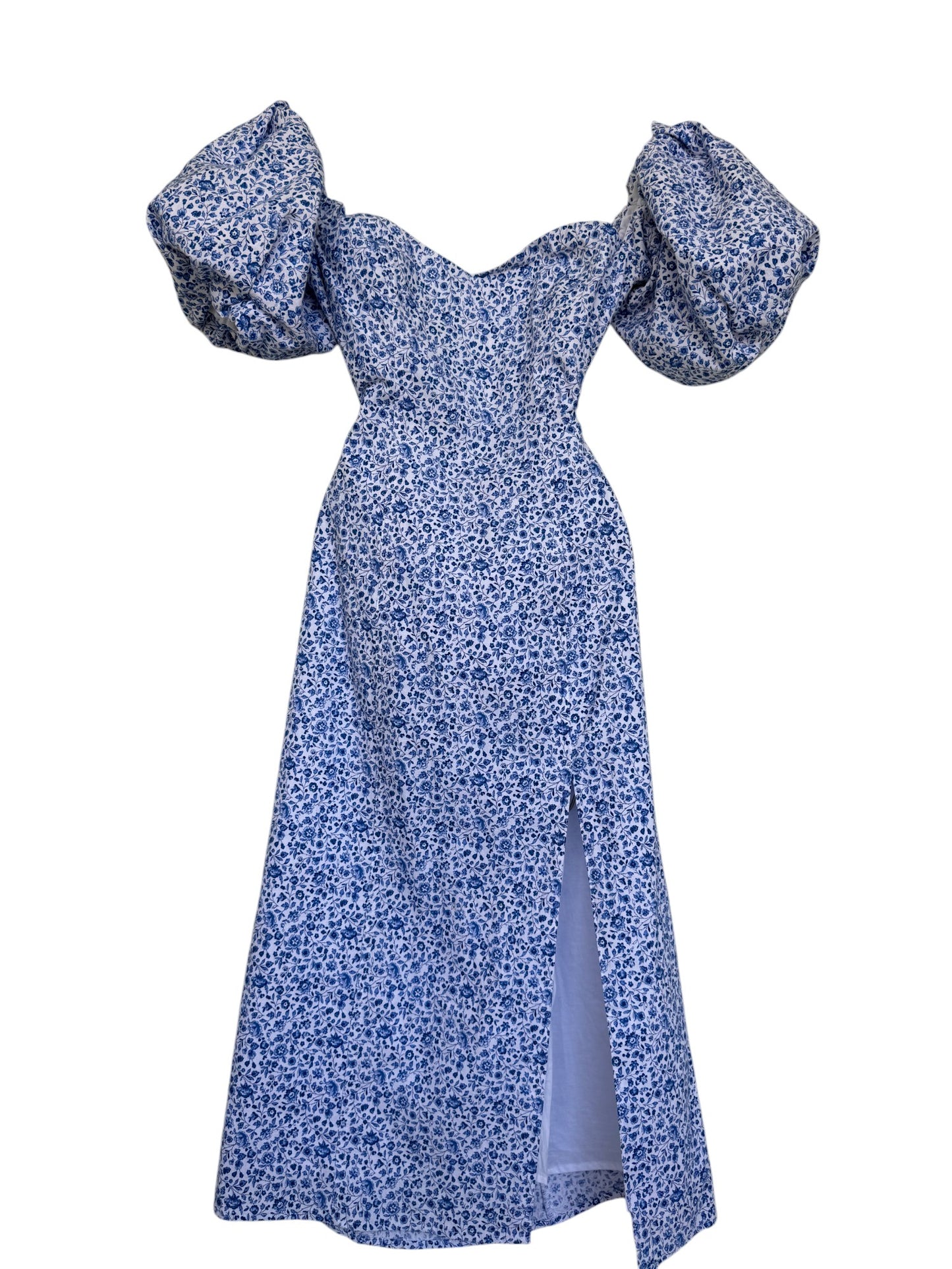 Blue & White Micro Floral Midi Dress, Puffed Sleeves | H&M