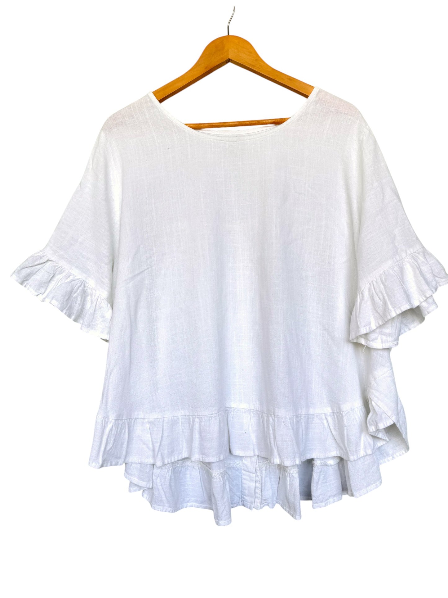 White Linen Blend Flounce Hem Loose Fit Top
