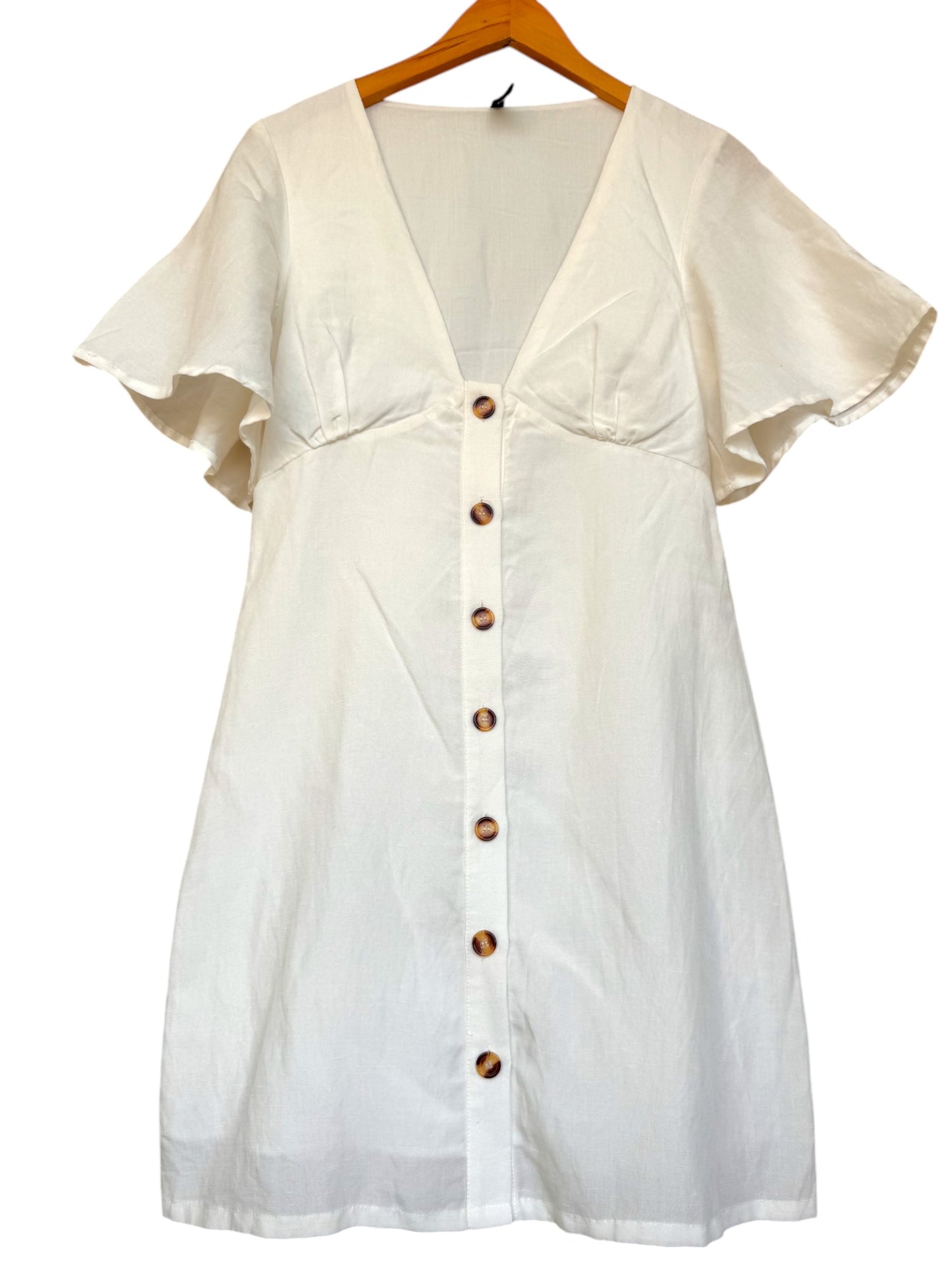 Staple The Label White Linen Button-Down Mini Dress – V-Neck, Butterfly Sleeves