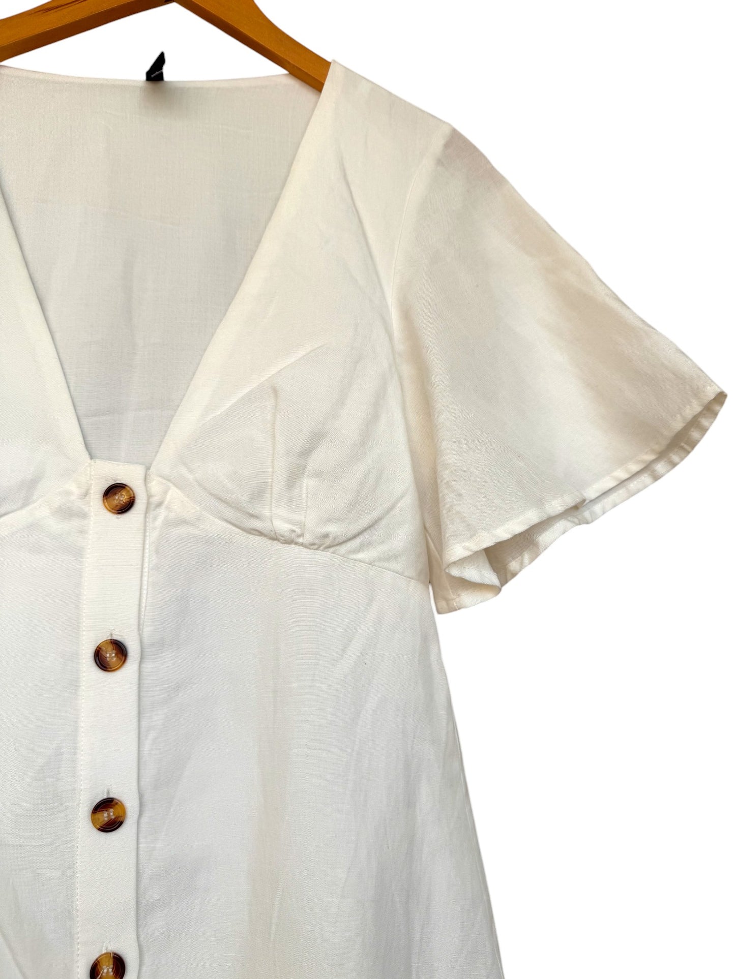 Staple The Label White Linen Button-Down Mini Dress – V-Neck, Butterfly Sleeves