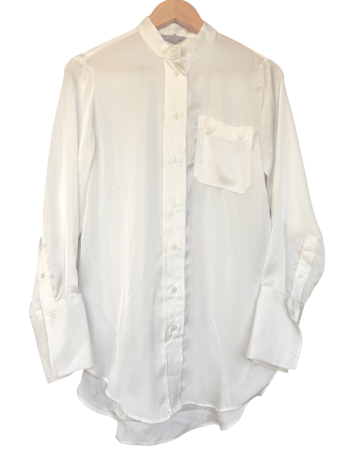 White Satin Mandarin Collar Shirt – Soft & Elegant