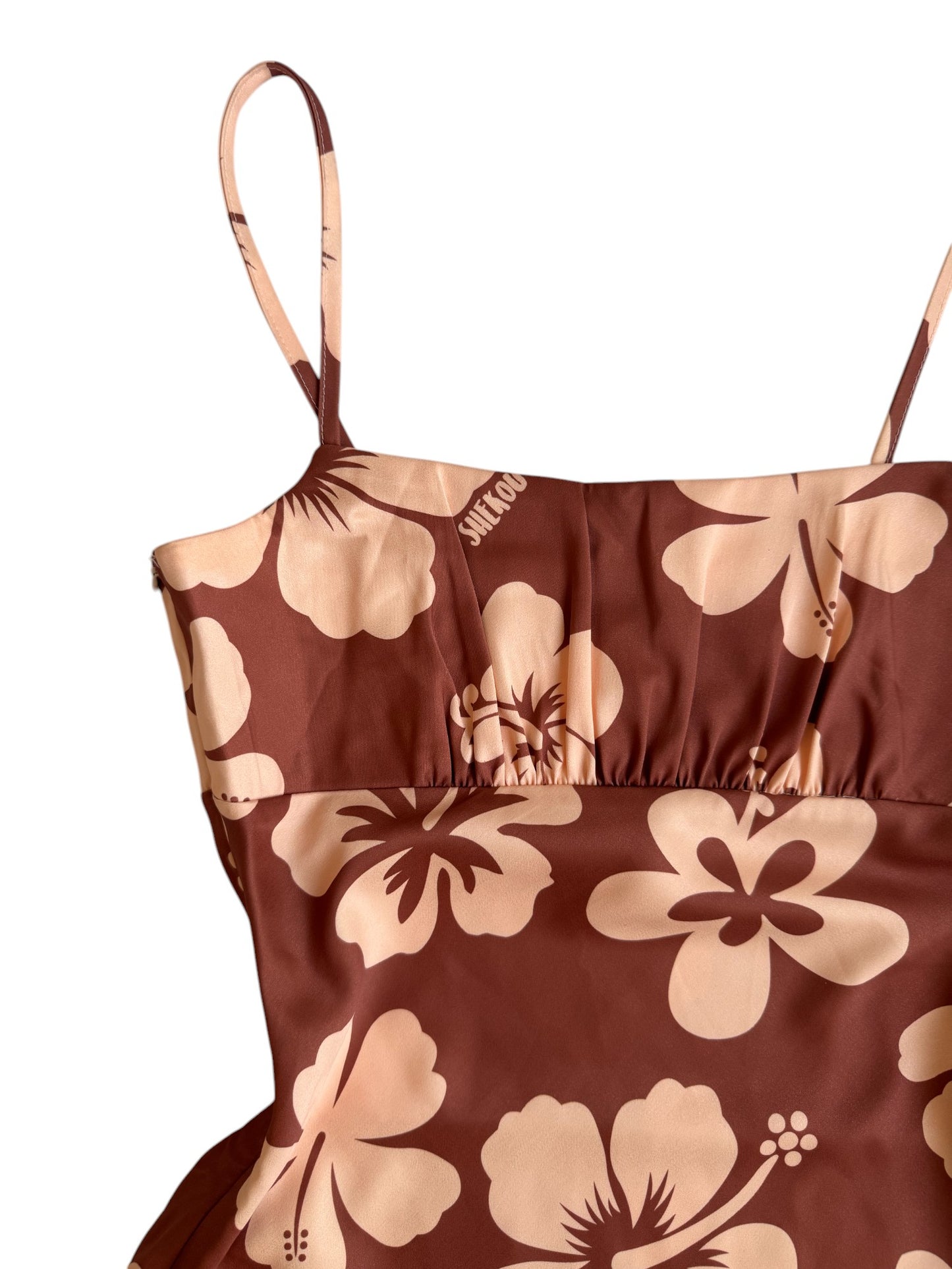 Shekou Brown Hawaiian Floral Satin Mini Dress