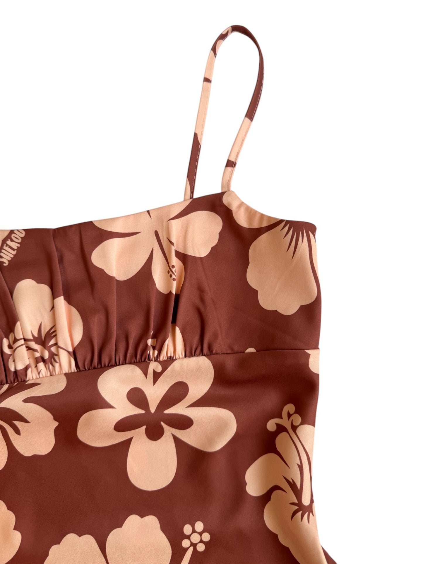 Shekou Brown Hawaiian Floral Satin Mini Dress