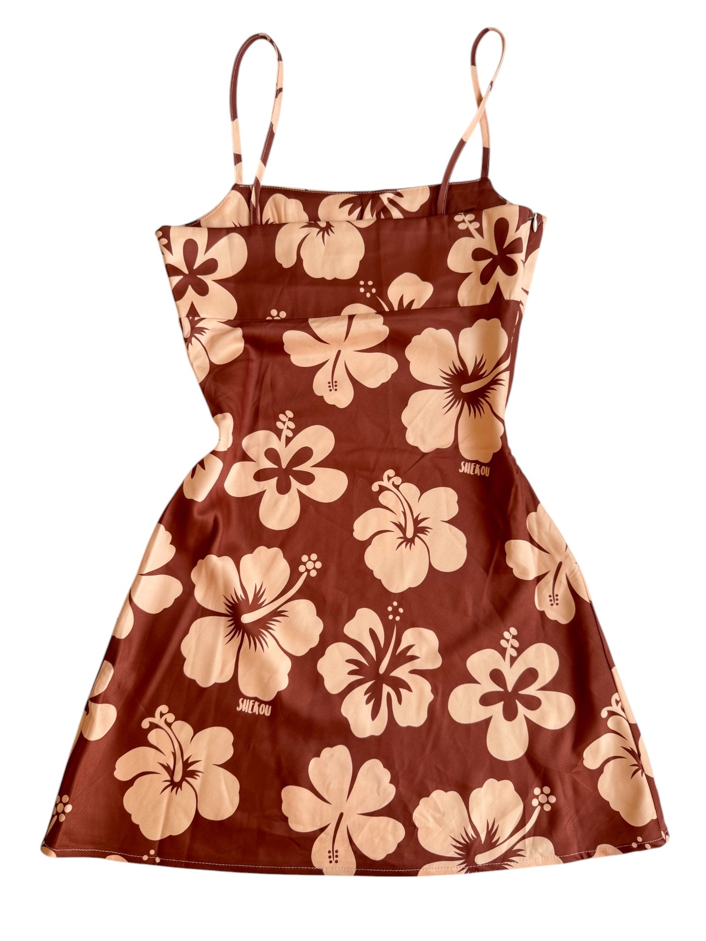 Shekou Brown Hawaiian Floral Satin Mini Dress