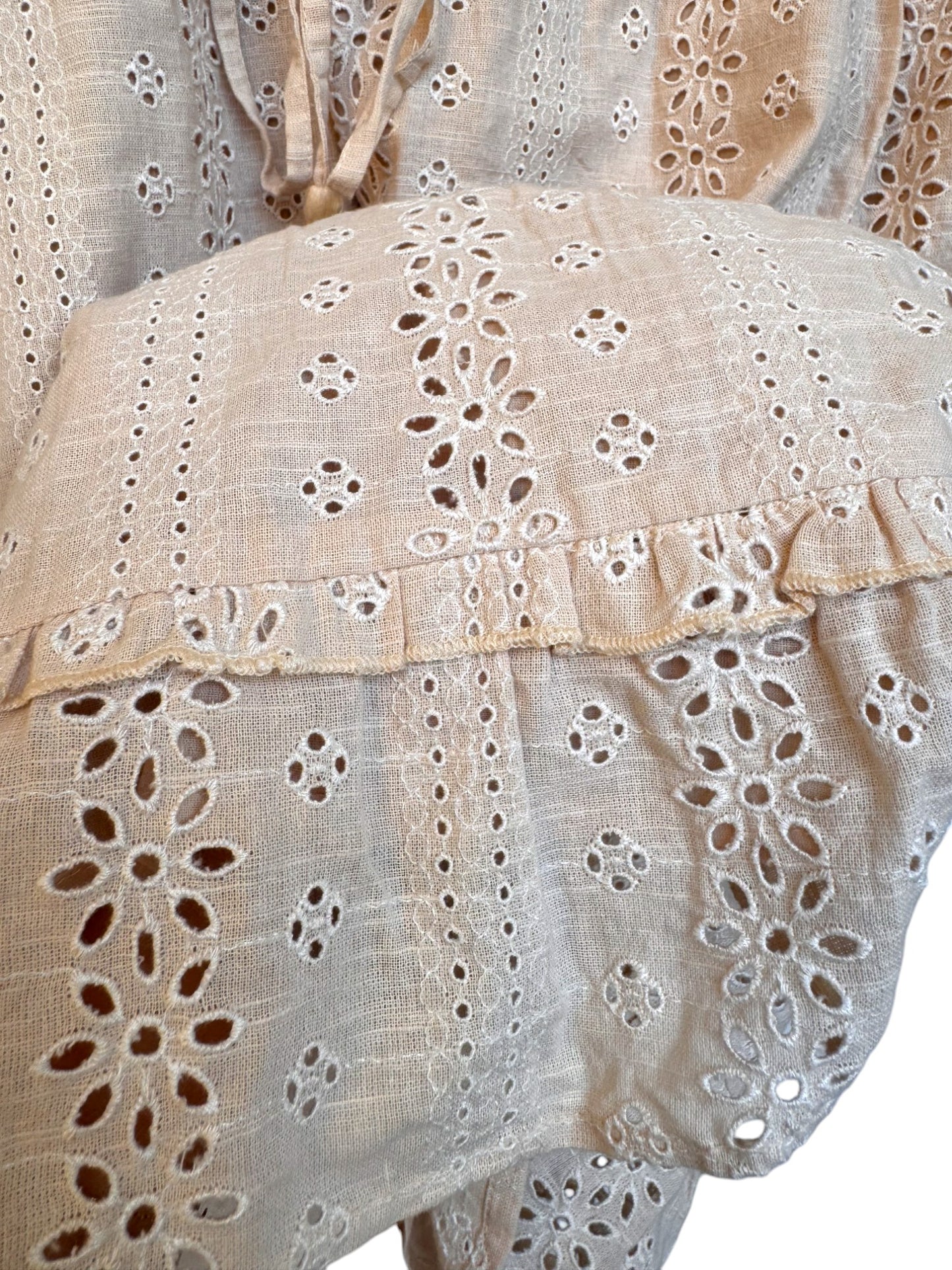The Poetic Gypsy Beige Floral Eyelet Cotton Tiered Midi Dress – Button-Up & Waist Tie