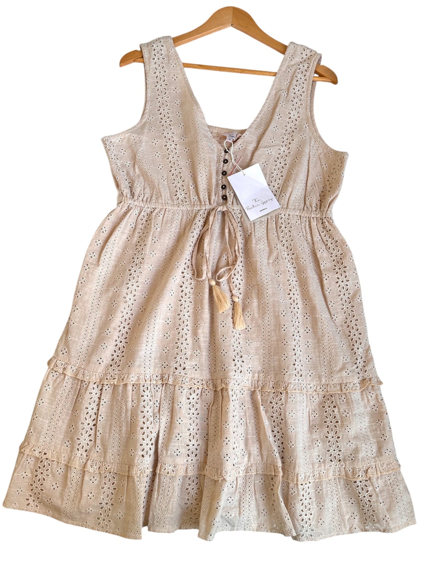 The Poetic Gypsy Beige Floral Eyelet Cotton Tiered Midi Dress – Button-Up & Waist Tie