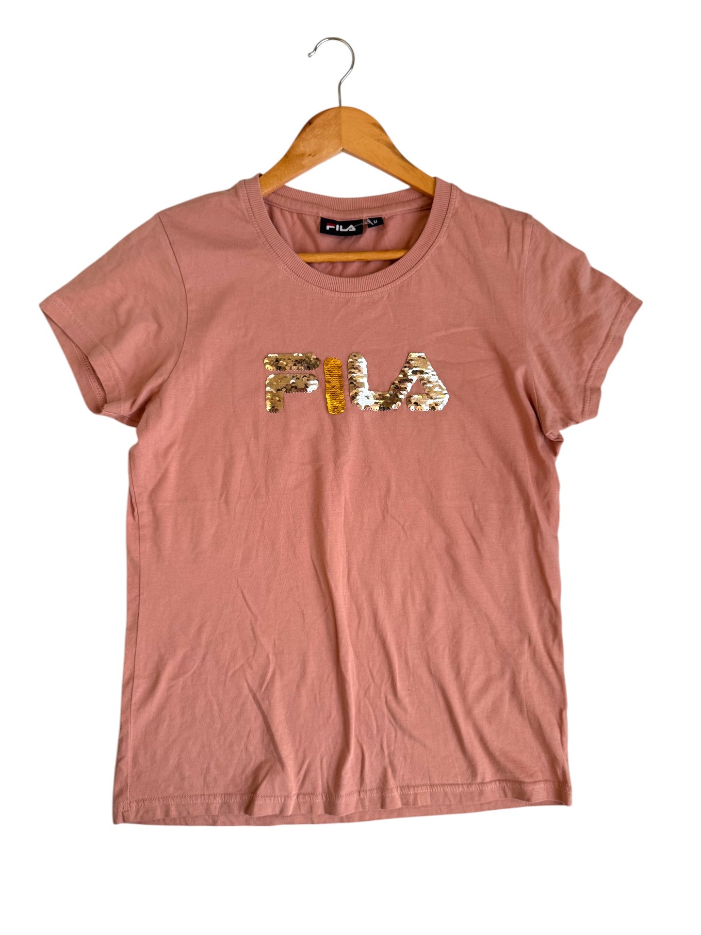 FlLA Sequin Logo Tee in Old Rose Pink
