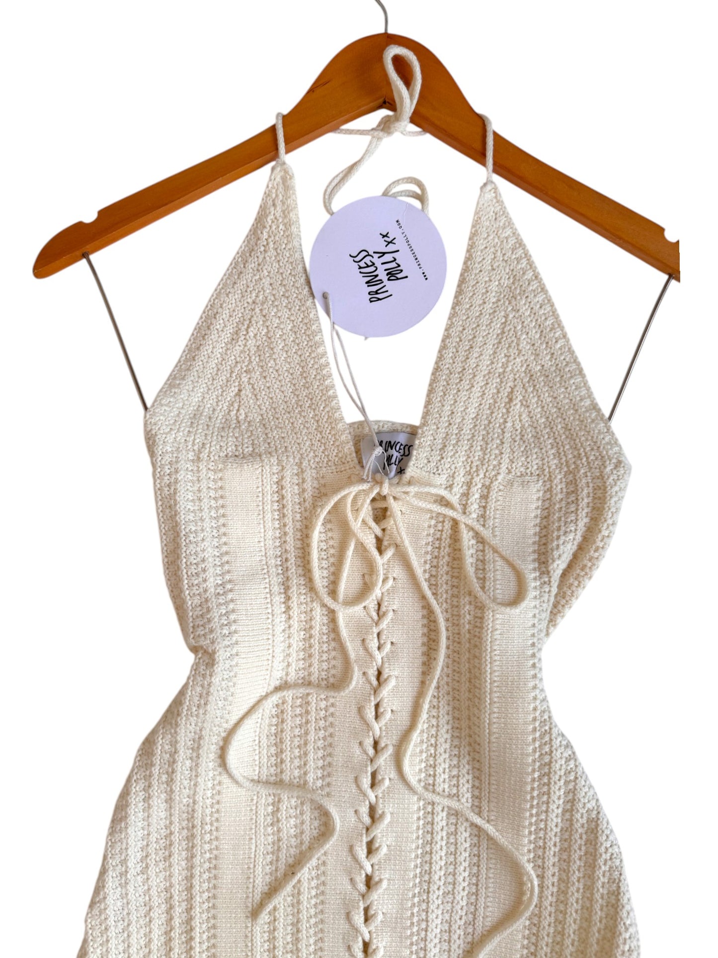 Princess Polly White Crocheted Halter Mini Dress with Lace-Up Front