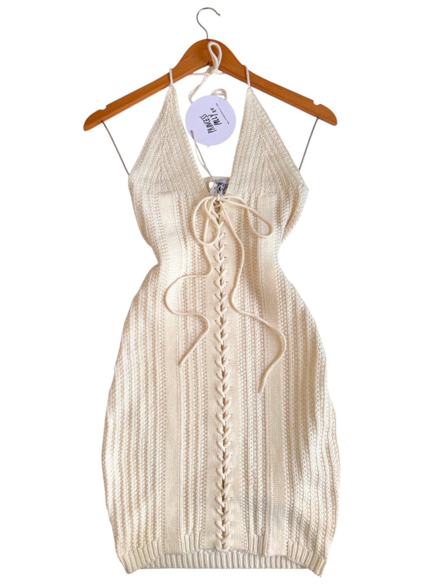 Princess Polly White Crocheted Halter Mini Dress with Lace-Up Front