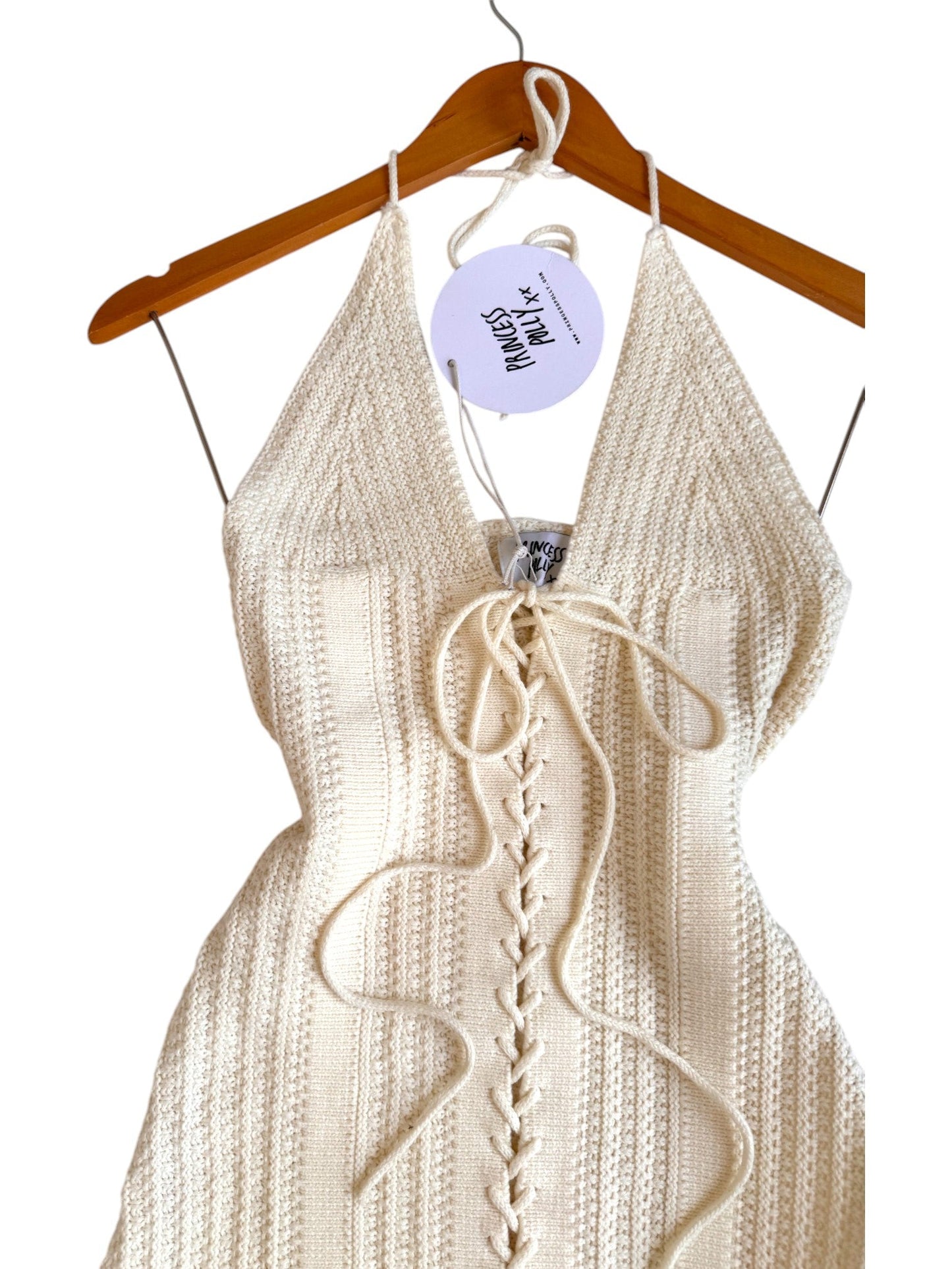 Princess Polly White Crocheted Halter Mini Dress with Lace-Up Front