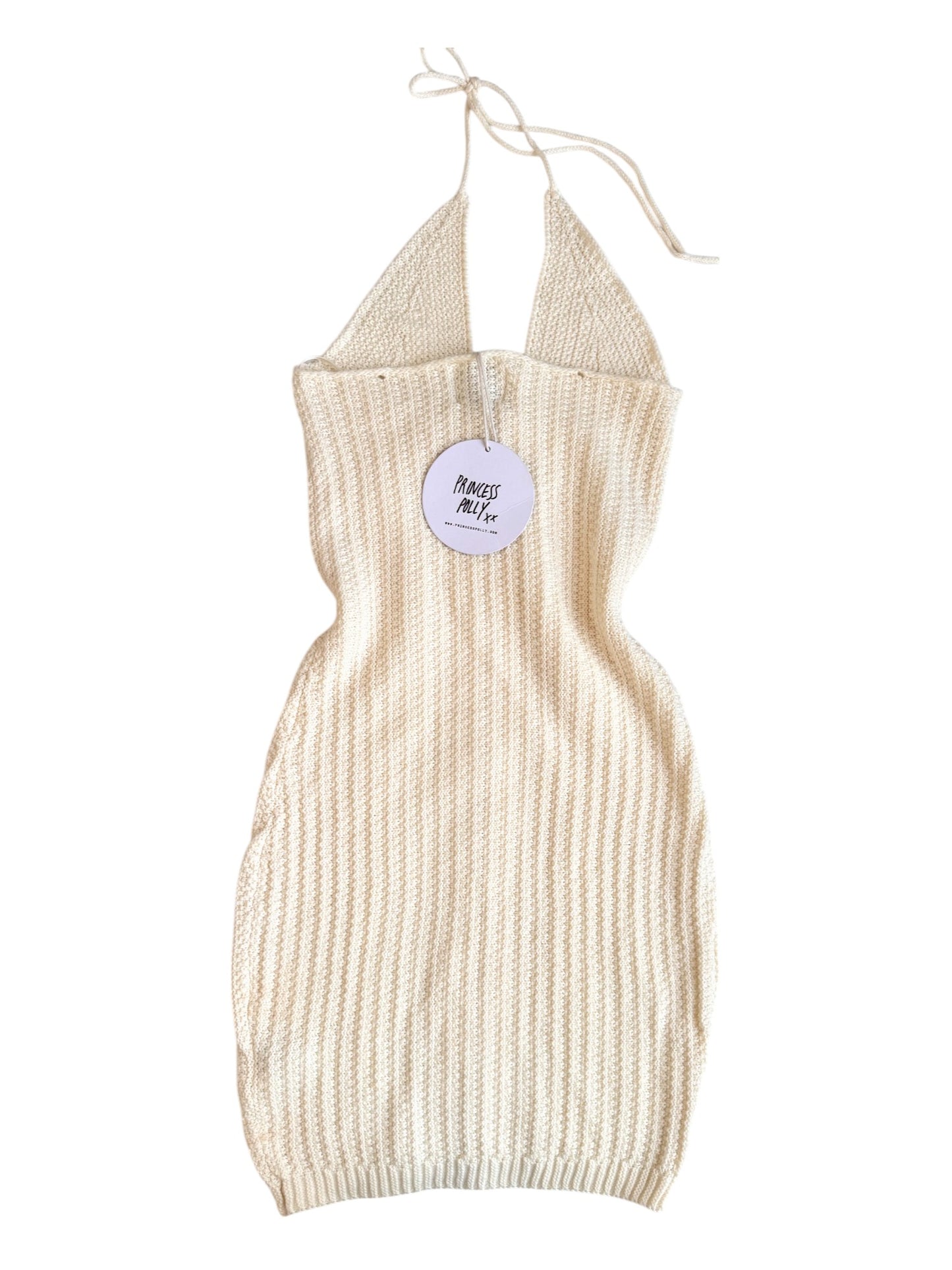Princess Polly White Crocheted Halter Mini Dress with Lace-Up Front