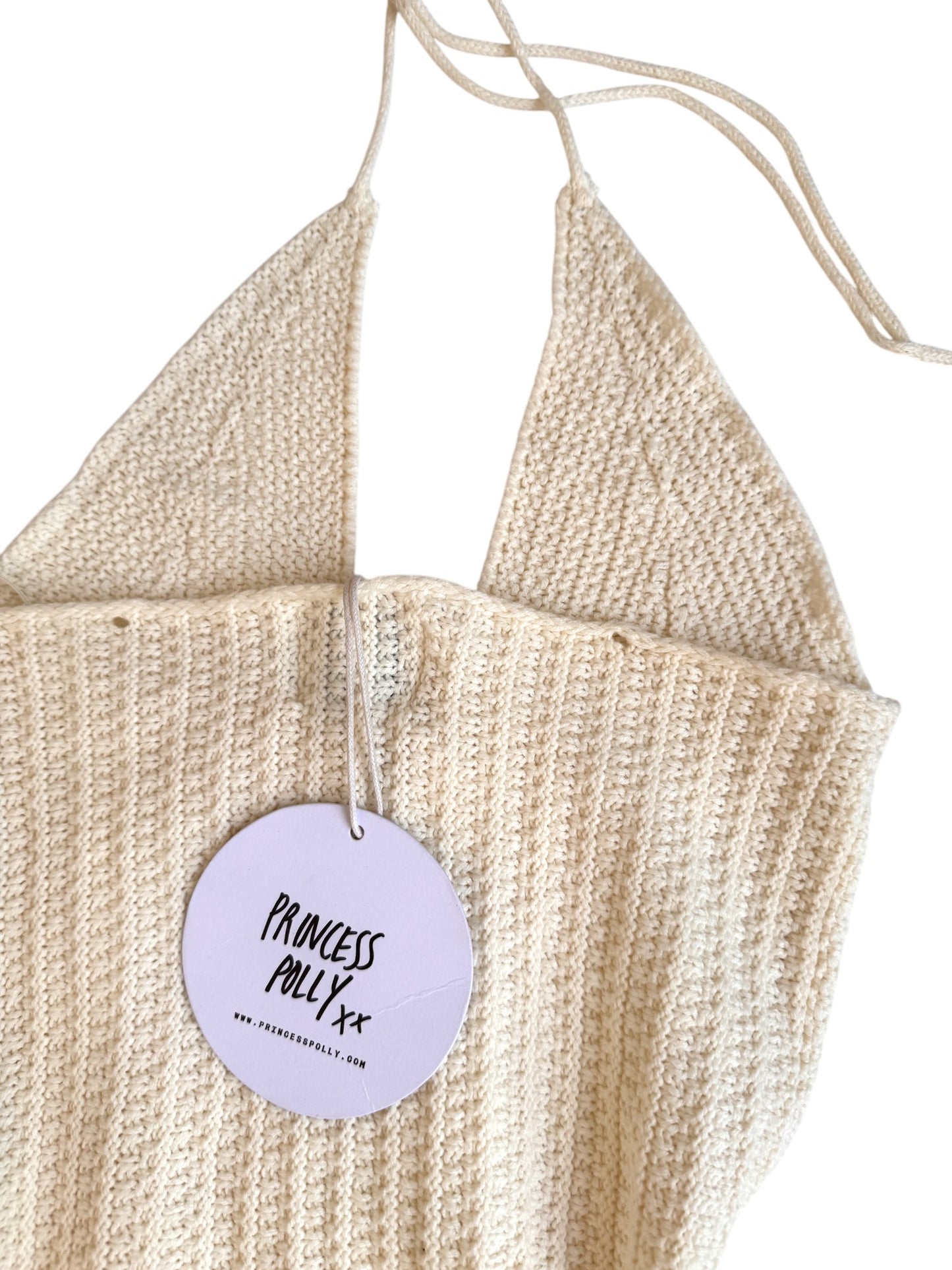 Princess Polly White Crocheted Halter Mini Dress with Lace-Up Front