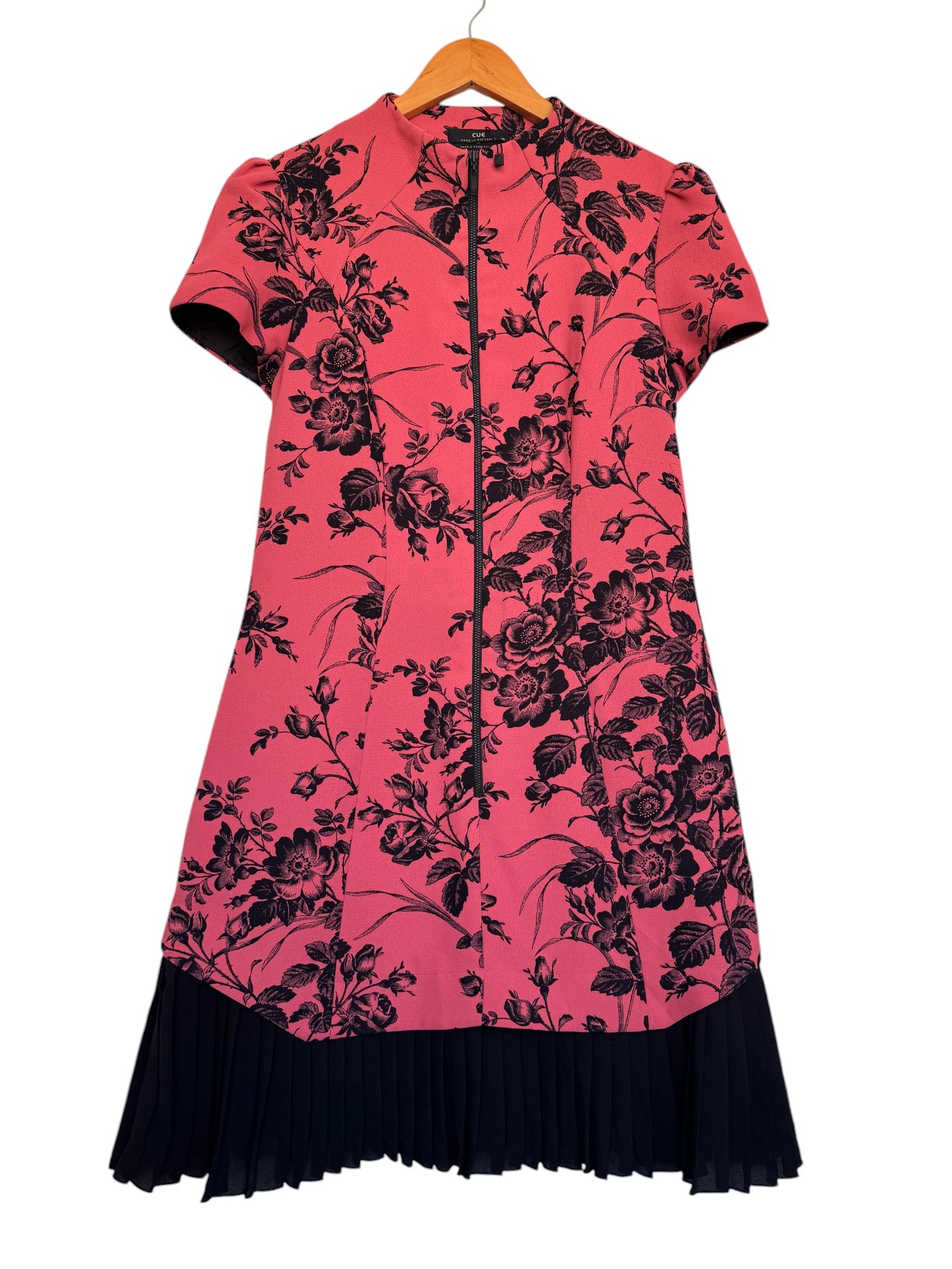 CUE Floral Mandarin Collar Dress with Pleated Black Mermaid Hem – Elegant, Statement-Making Style