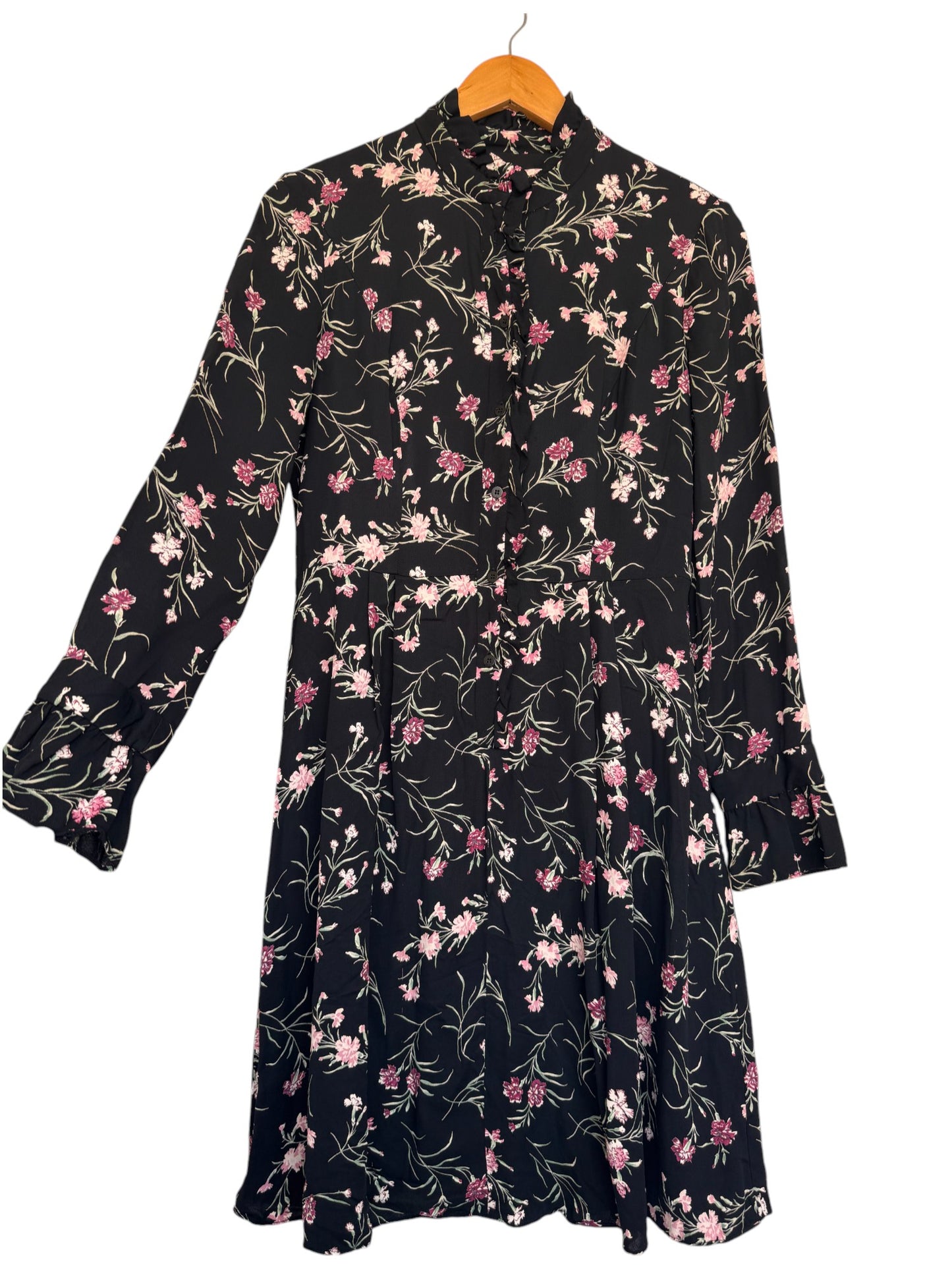 CUE Charming Black & Pink Floral A-Line Dress – Elegant & Timeless