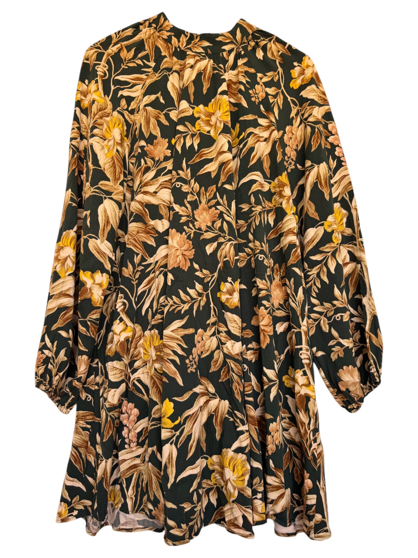 H&M Vintage-Inspired Balloon-Sleeved Shift Dress – Dark Green & Brown Floral