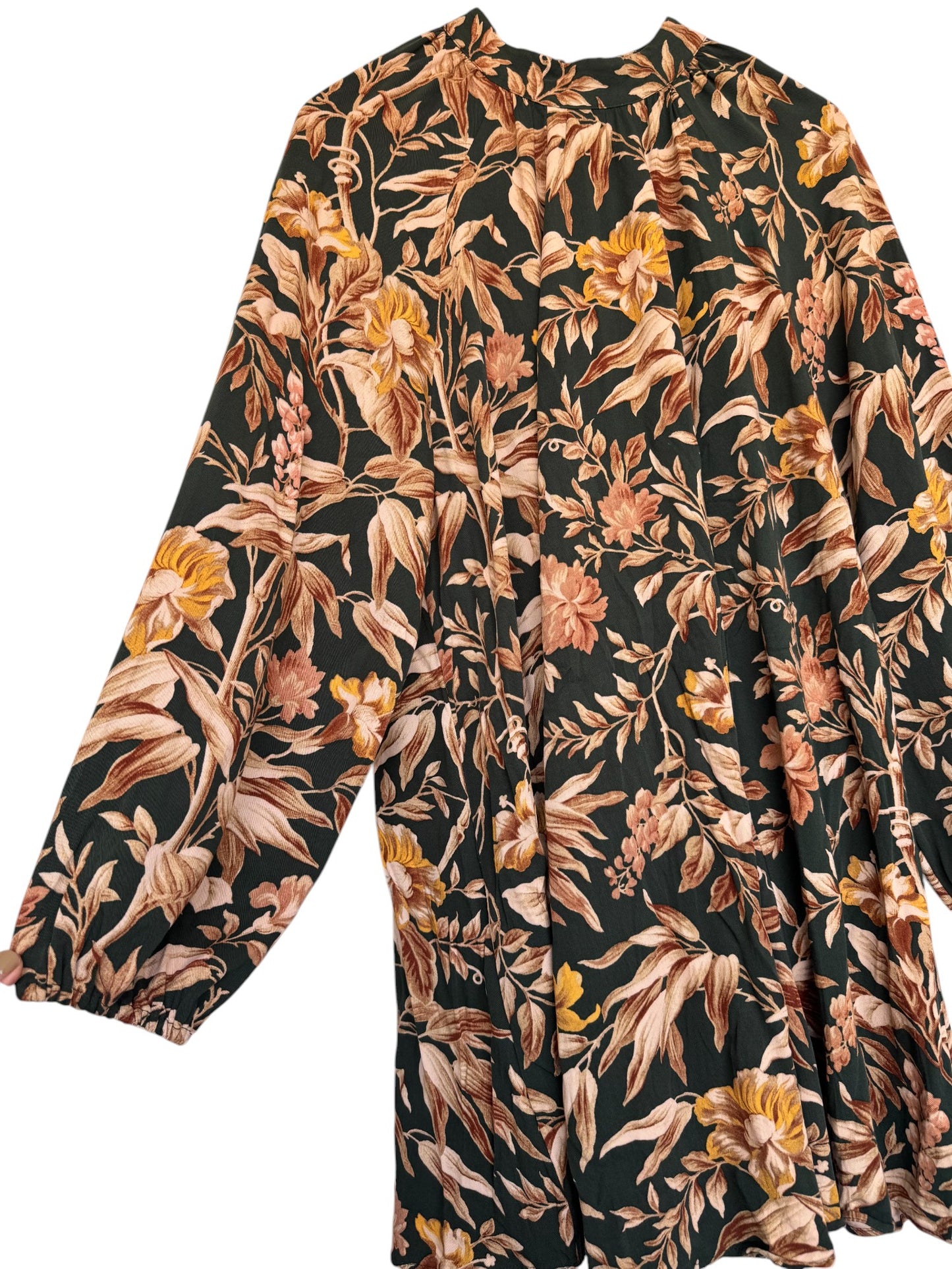 H&M Vintage-Inspired Balloon-Sleeved Shift Dress – Dark Green & Brown Floral