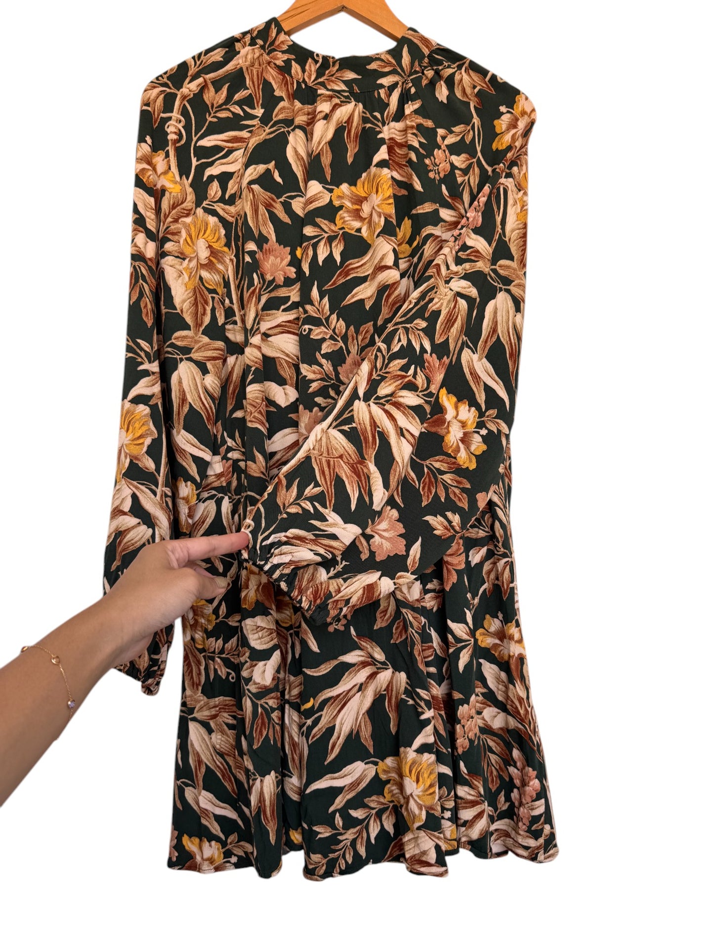 H&M Vintage-Inspired Balloon-Sleeved Shift Dress – Dark Green & Brown Floral