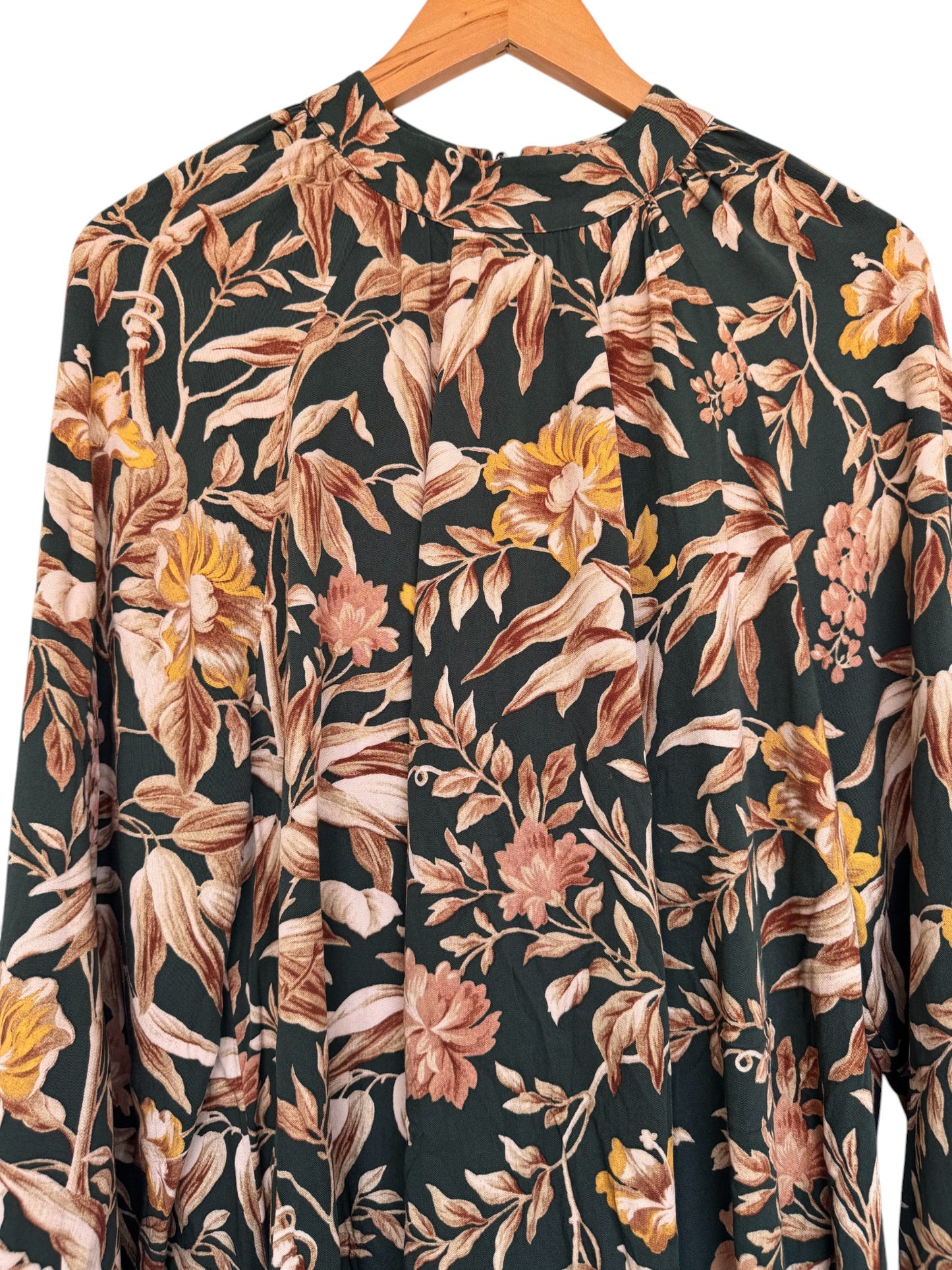 H&M Vintage-Inspired Balloon-Sleeved Shift Dress – Dark Green & Brown Floral