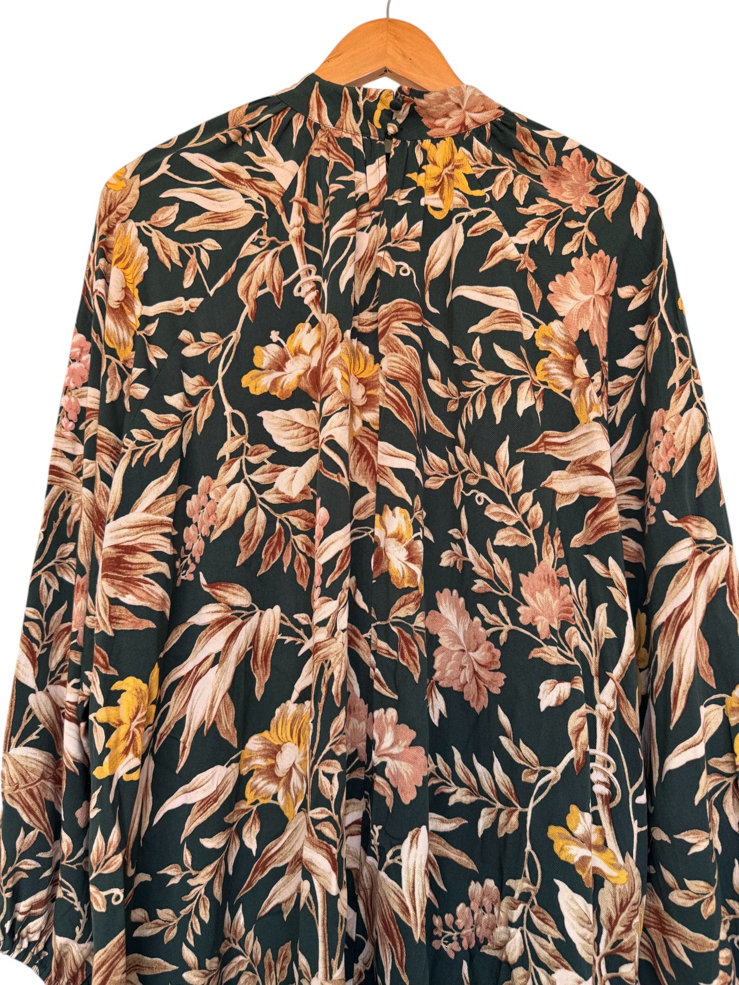 H&M Vintage-Inspired Balloon-Sleeved Shift Dress – Dark Green & Brown Floral
