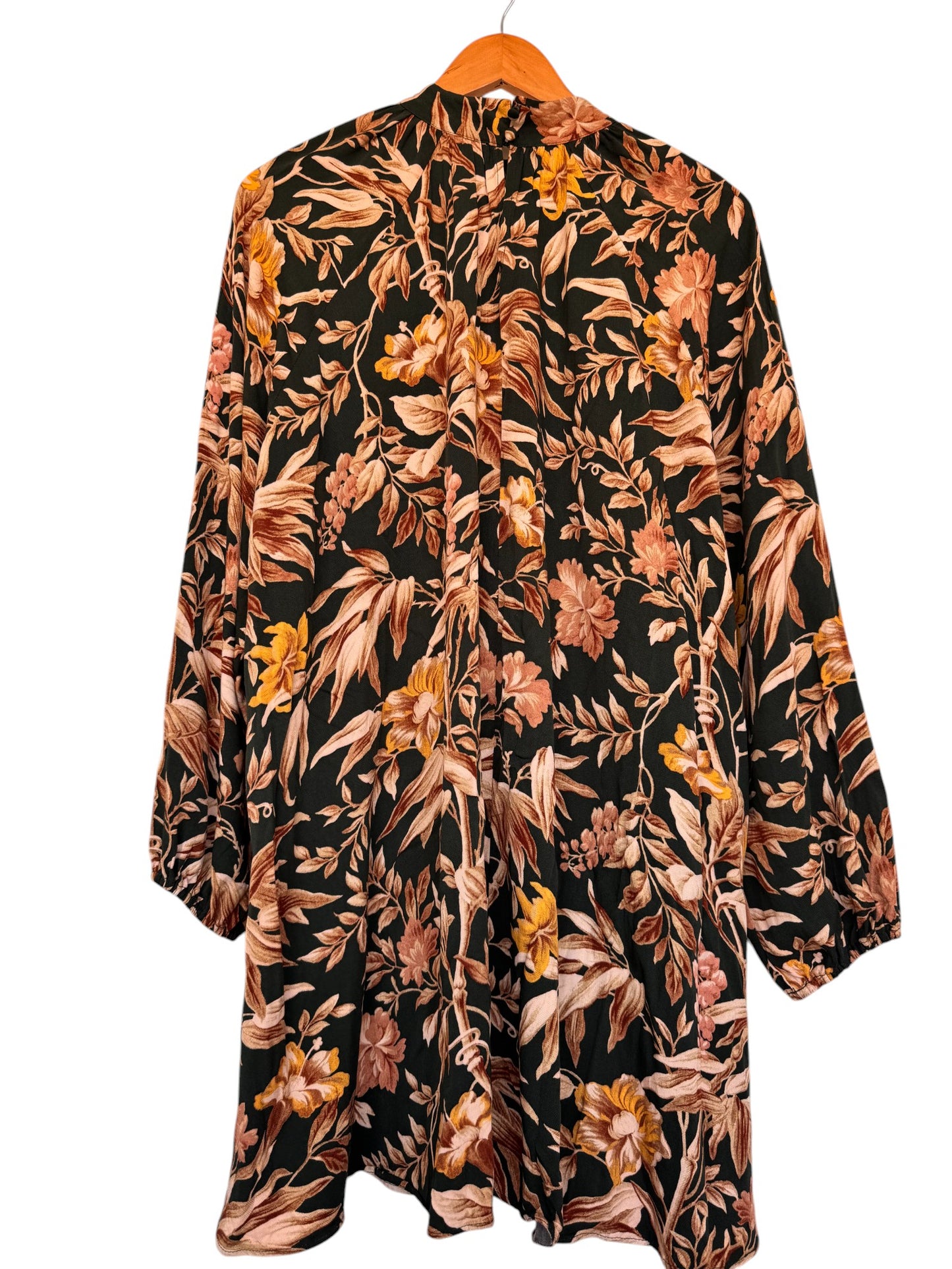 H&M Vintage-Inspired Balloon-Sleeved Shift Dress – Dark Green & Brown Floral