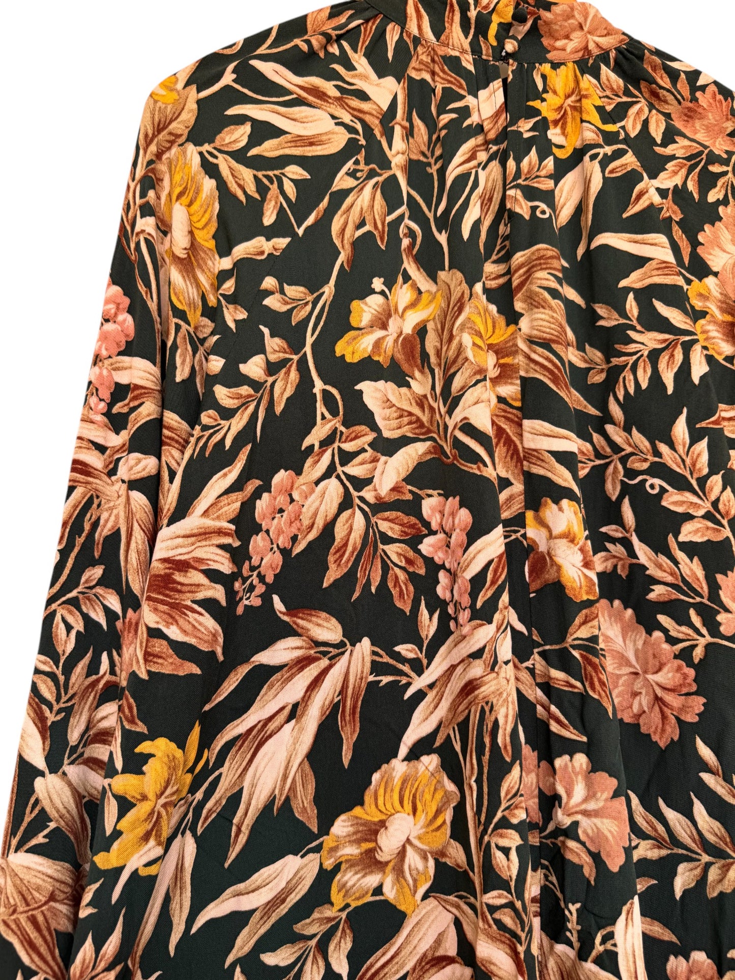 H&M Vintage-Inspired Balloon-Sleeved Shift Dress – Dark Green & Brown Floral