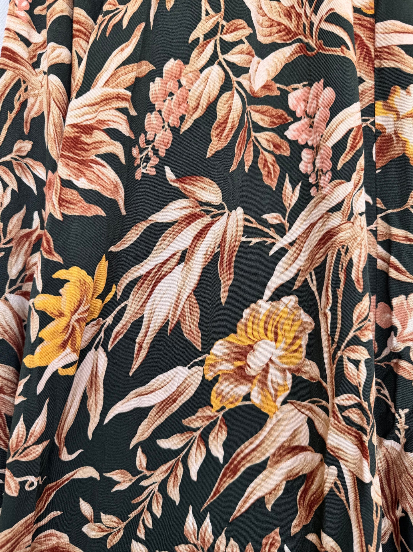 H&M Vintage-Inspired Balloon-Sleeved Shift Dress – Dark Green & Brown Floral