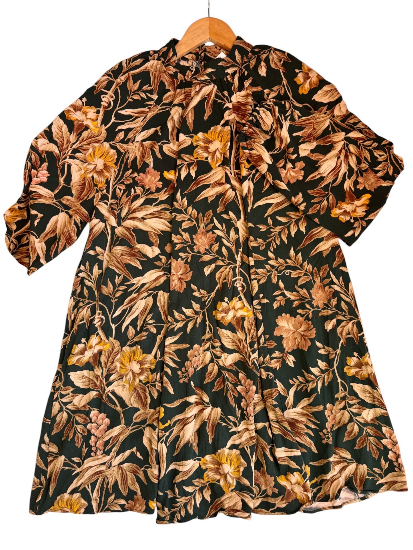 H&M Vintage-Inspired Balloon-Sleeved Shift Dress – Dark Green & Brown Floral